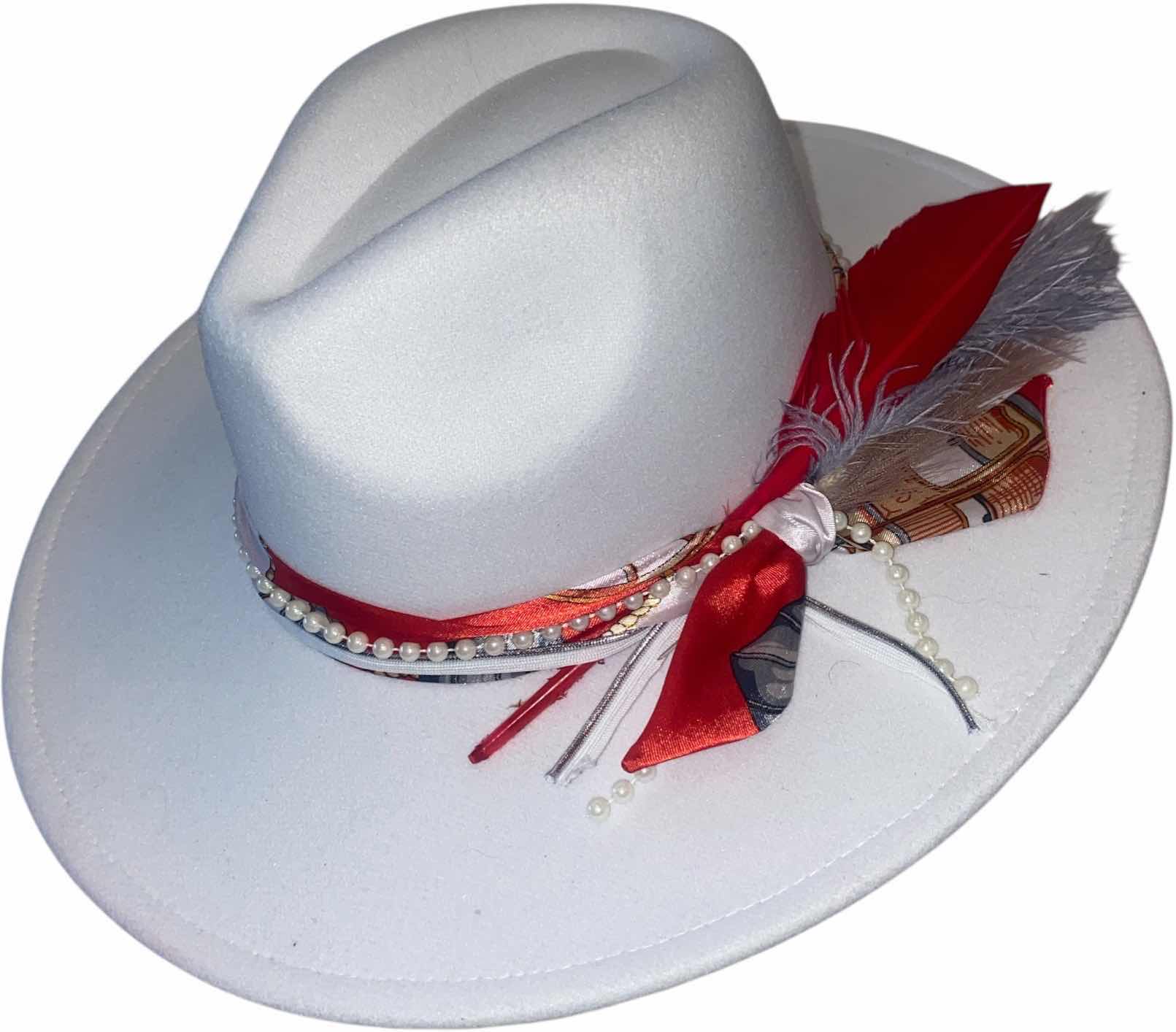 Photo 1 of NEW - CUSTOM DECORATED WHITE FEDORA HAT WITH FEATHERS - ADJUSTABLE WITH INTERIOR RIBBON - TIE TO FIT
