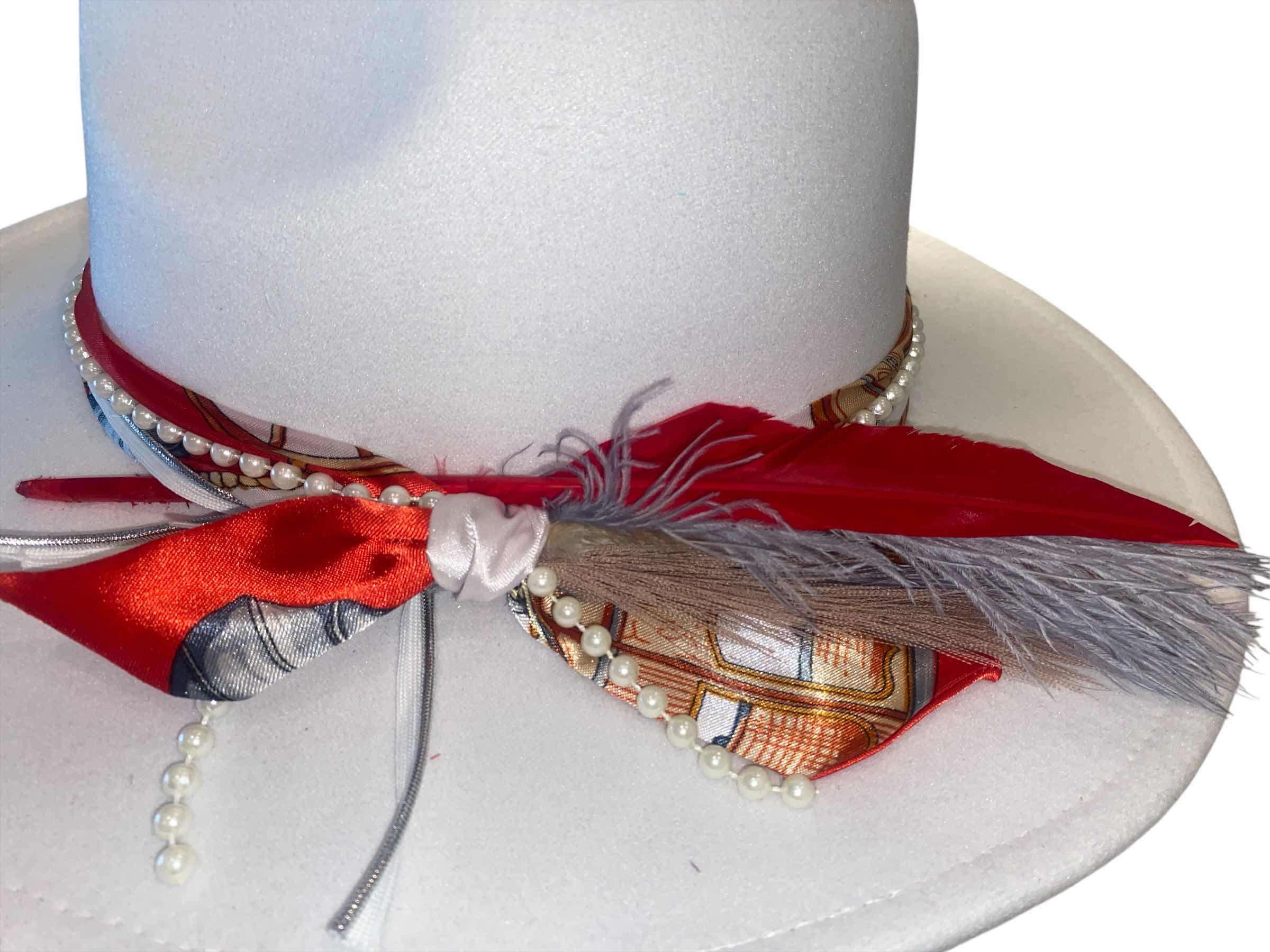 Photo 1 of NEW - CUSTOM DECORATED WHITE FEDORA HAT WITH FEATHERS - ADJUSTABLE WITH INTERIOR RIBBON - TIE TO FIT