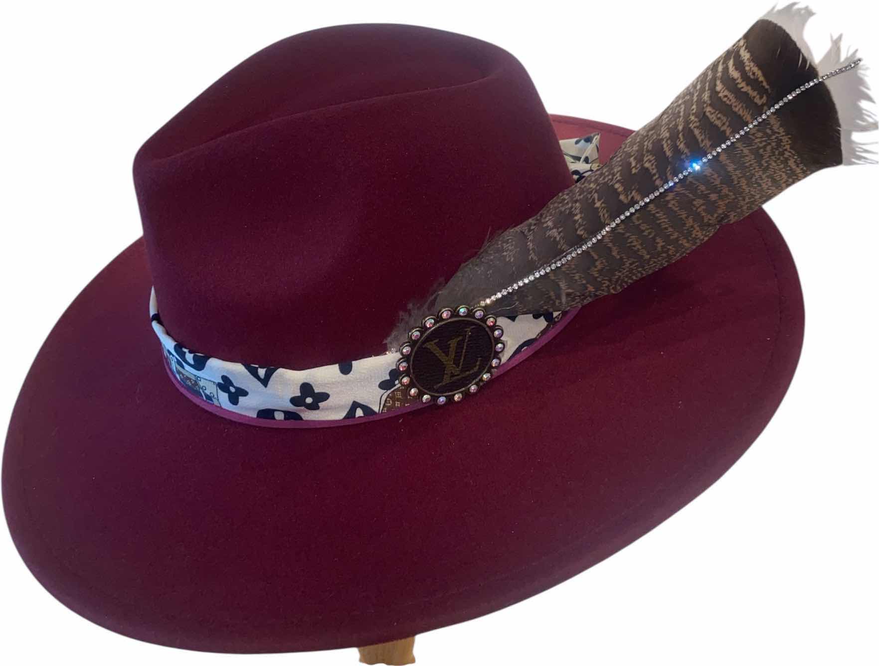 Photo 1 of NEW - CUSTOM DECORATED CABERNET FEDORA HAT WITH UPCYCLED LOUIS VUITTON MONOGRAM EMBELLISHMENTS FEATHERS & REPLICA LV SCARF - ADJUSTABLE WITH INTERIOR RIBBON - TIE TO FIT
