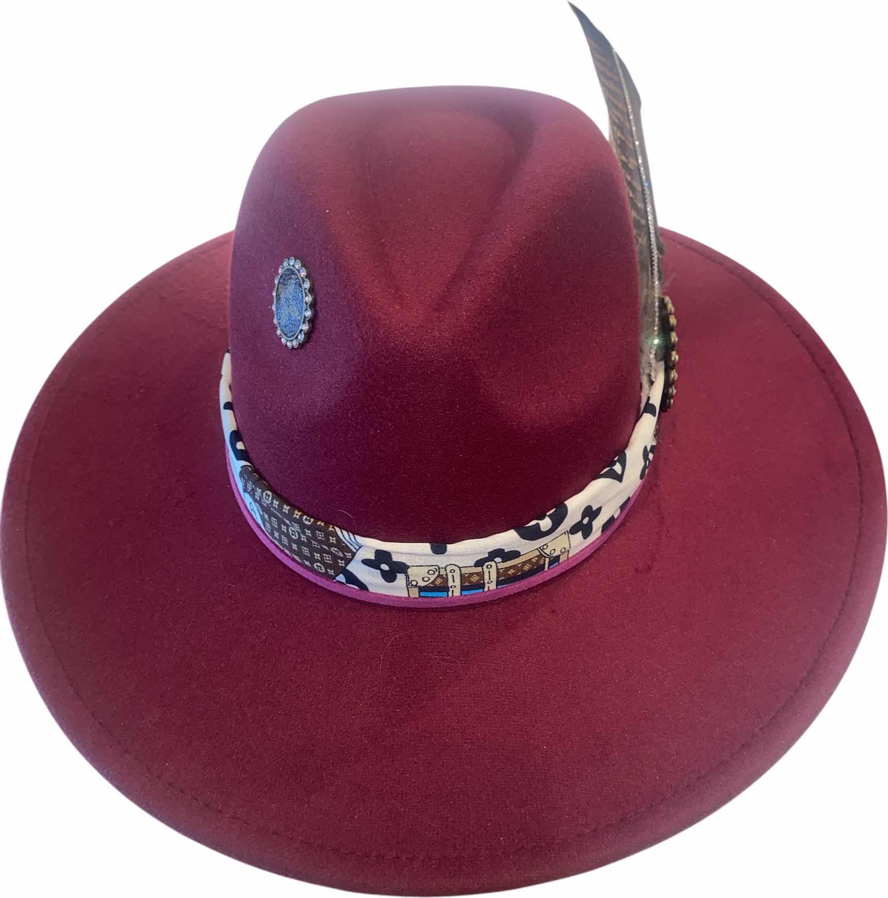 Photo 1 of NEW - CUSTOM DECORATED CABERNET FEDORA HAT WITH UPCYCLED LOUIS VUITTON MONOGRAM EMBELLISHMENTS FEATHERS & REPLICA LV SCARF - ADJUSTABLE WITH INTERIOR RIBBON - TIE TO FIT