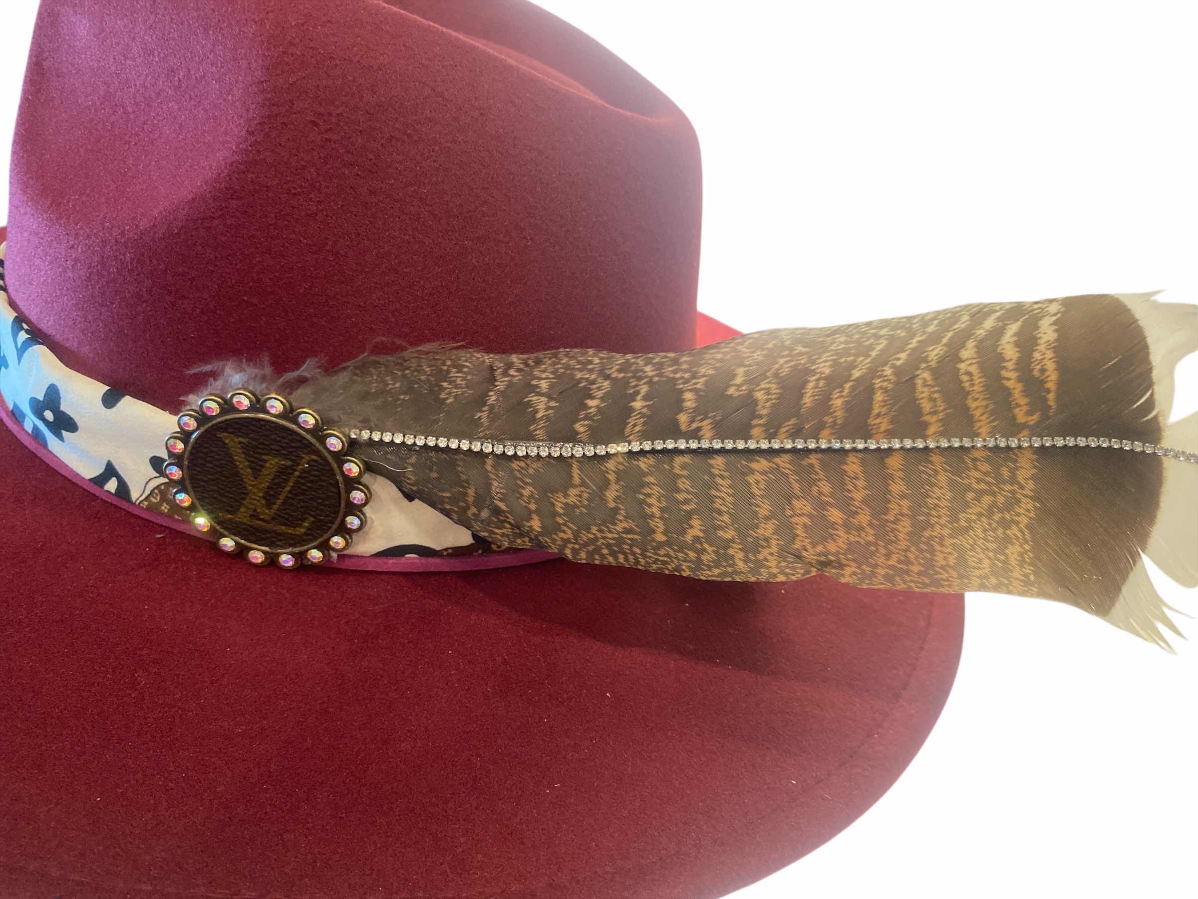 Photo 1 of NEW - CUSTOM DECORATED CABERNET FEDORA HAT WITH UPCYCLED LOUIS VUITTON MONOGRAM EMBELLISHMENTS FEATHERS & REPLICA LV SCARF - ADJUSTABLE WITH INTERIOR RIBBON - TIE TO FIT