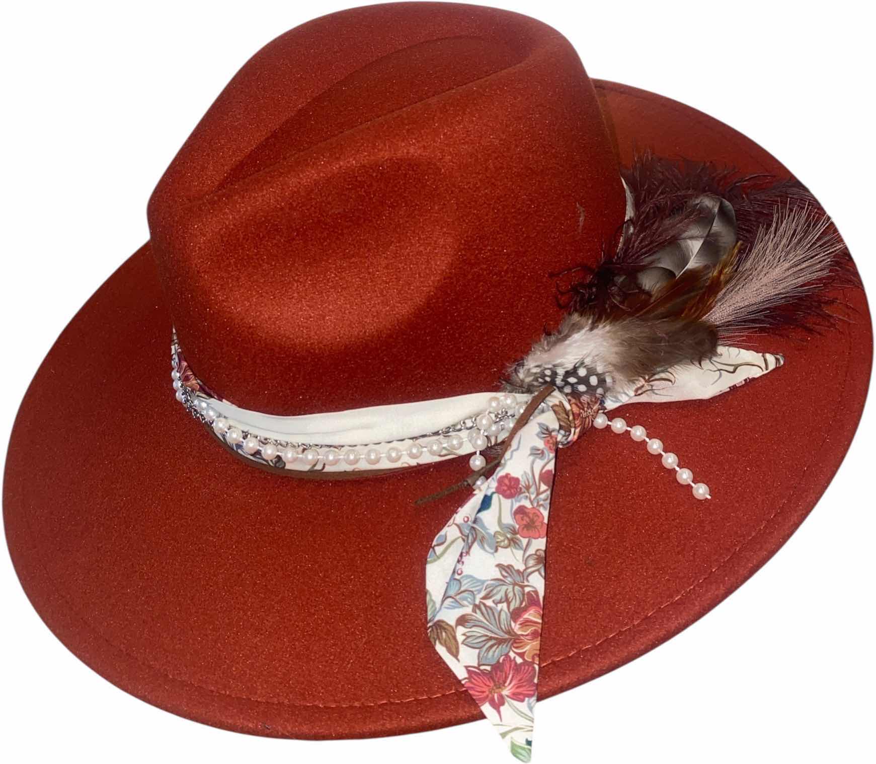 Photo 1 of NEW - CUSTOM DECORATED CARAMEL FEDORA HAT WITH FEATHERS - ADJUSTABLE WITH INTERIOR RIBBON - TIE TO FIT