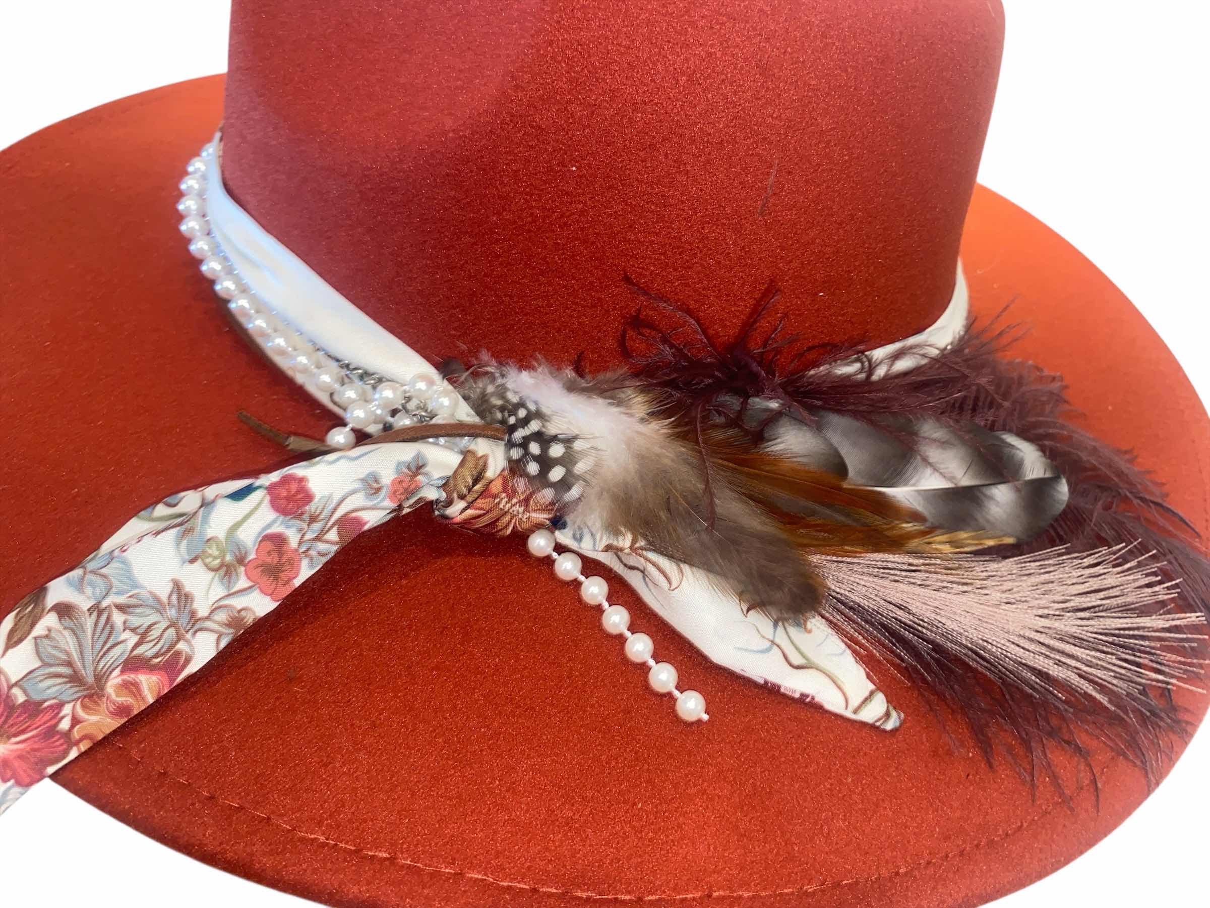 Photo 1 of NEW - CUSTOM DECORATED CARAMEL FEDORA HAT WITH FEATHERS - ADJUSTABLE WITH INTERIOR RIBBON - TIE TO FIT