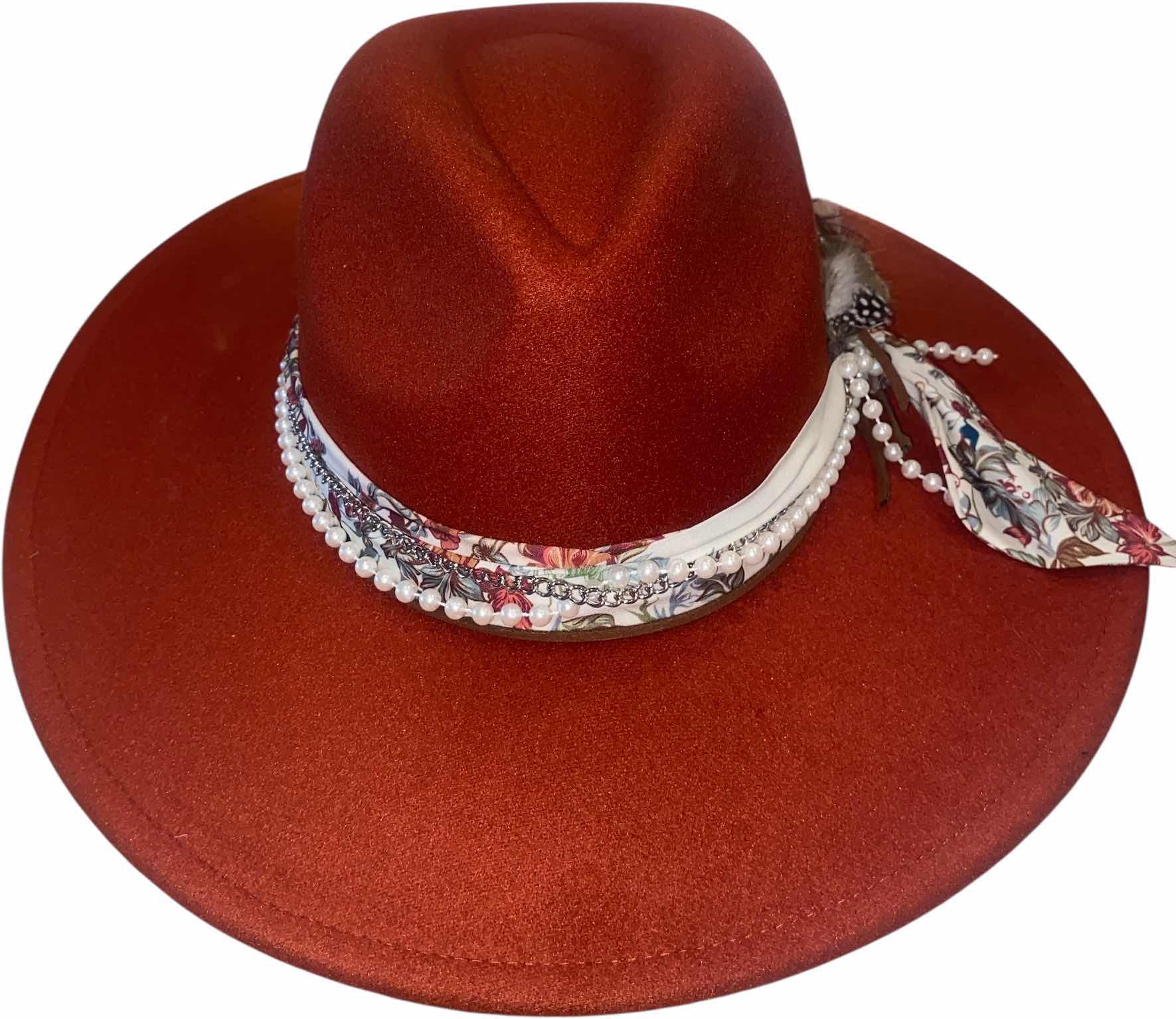 Photo 1 of NEW - CUSTOM DECORATED CARAMEL FEDORA HAT WITH FEATHERS - ADJUSTABLE WITH INTERIOR RIBBON - TIE TO FIT