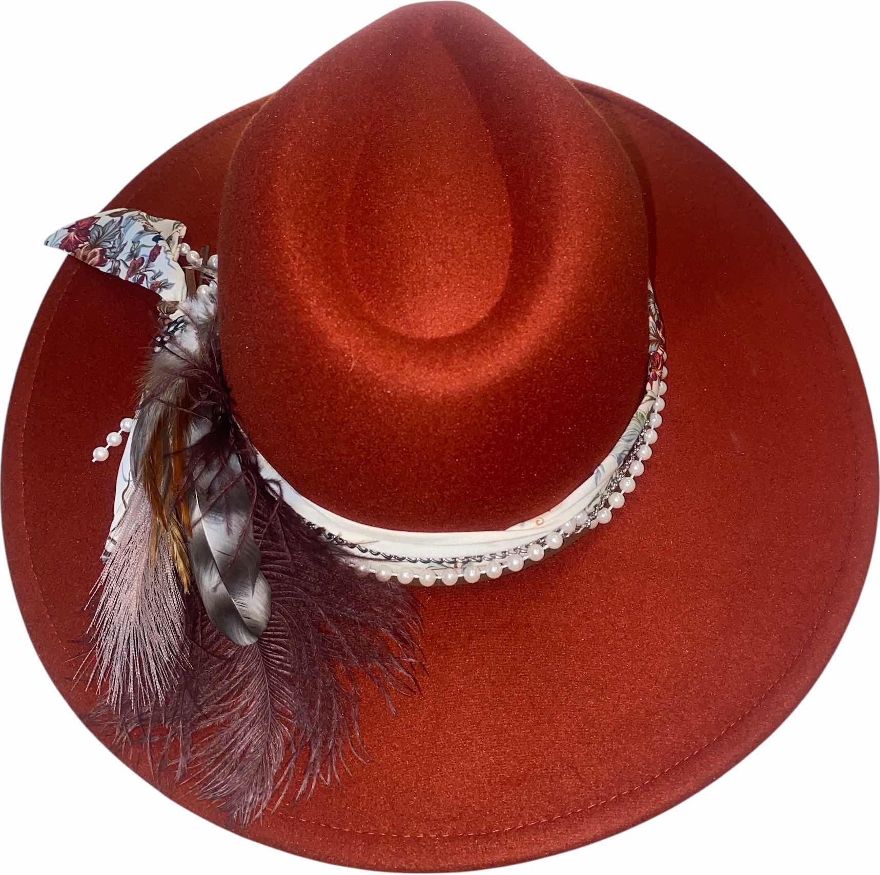 Photo 1 of NEW - CUSTOM DECORATED CARAMEL FEDORA HAT WITH FEATHERS - ADJUSTABLE WITH INTERIOR RIBBON - TIE TO FIT