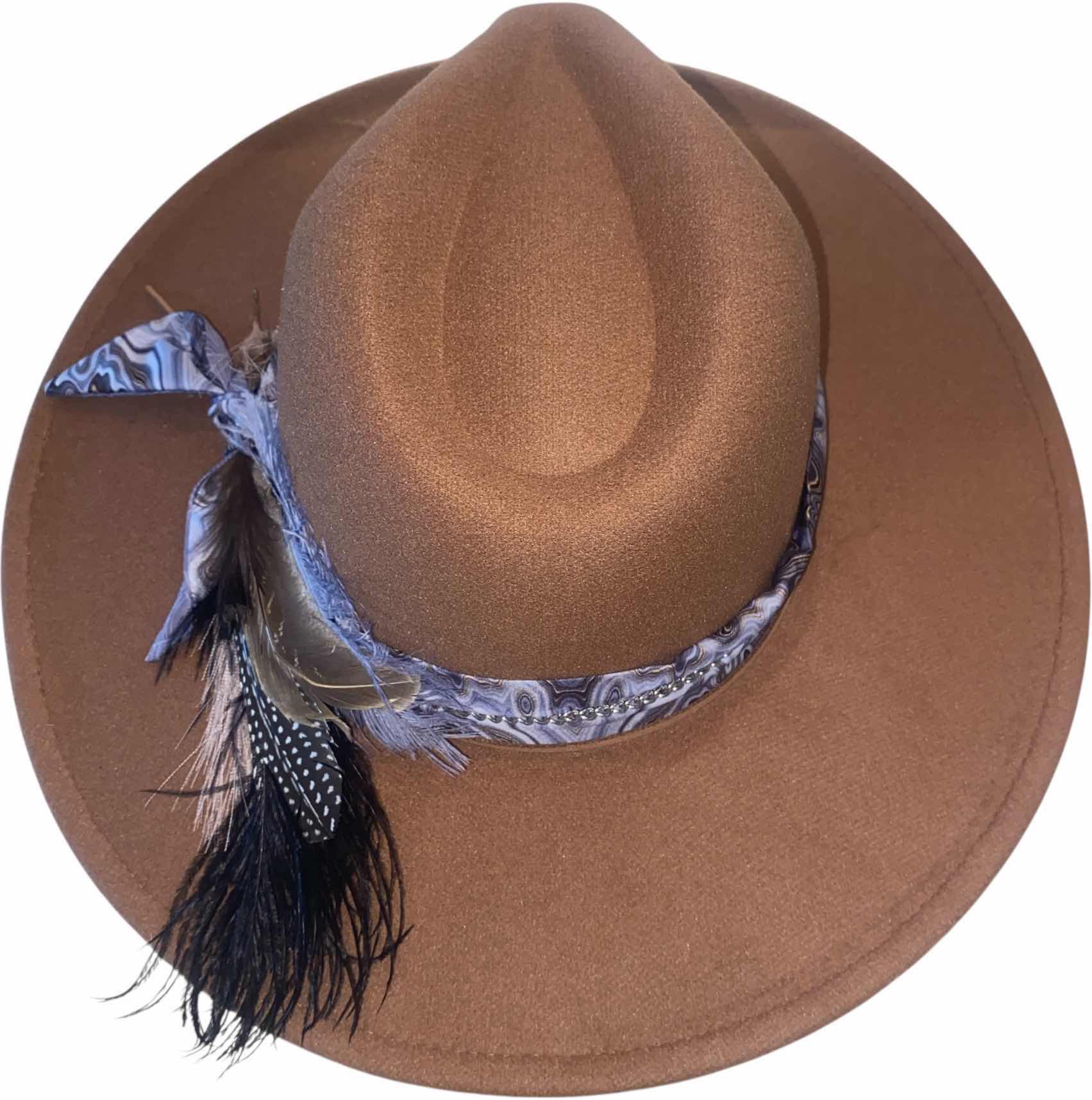 Photo 1 of NEW - CUSTOM DECORATED KHAKI TAN FEDORA HAT WITH FEATHERS - ADJUSTABLE WITH INTERIOR RIBBON - TIE TO FIT