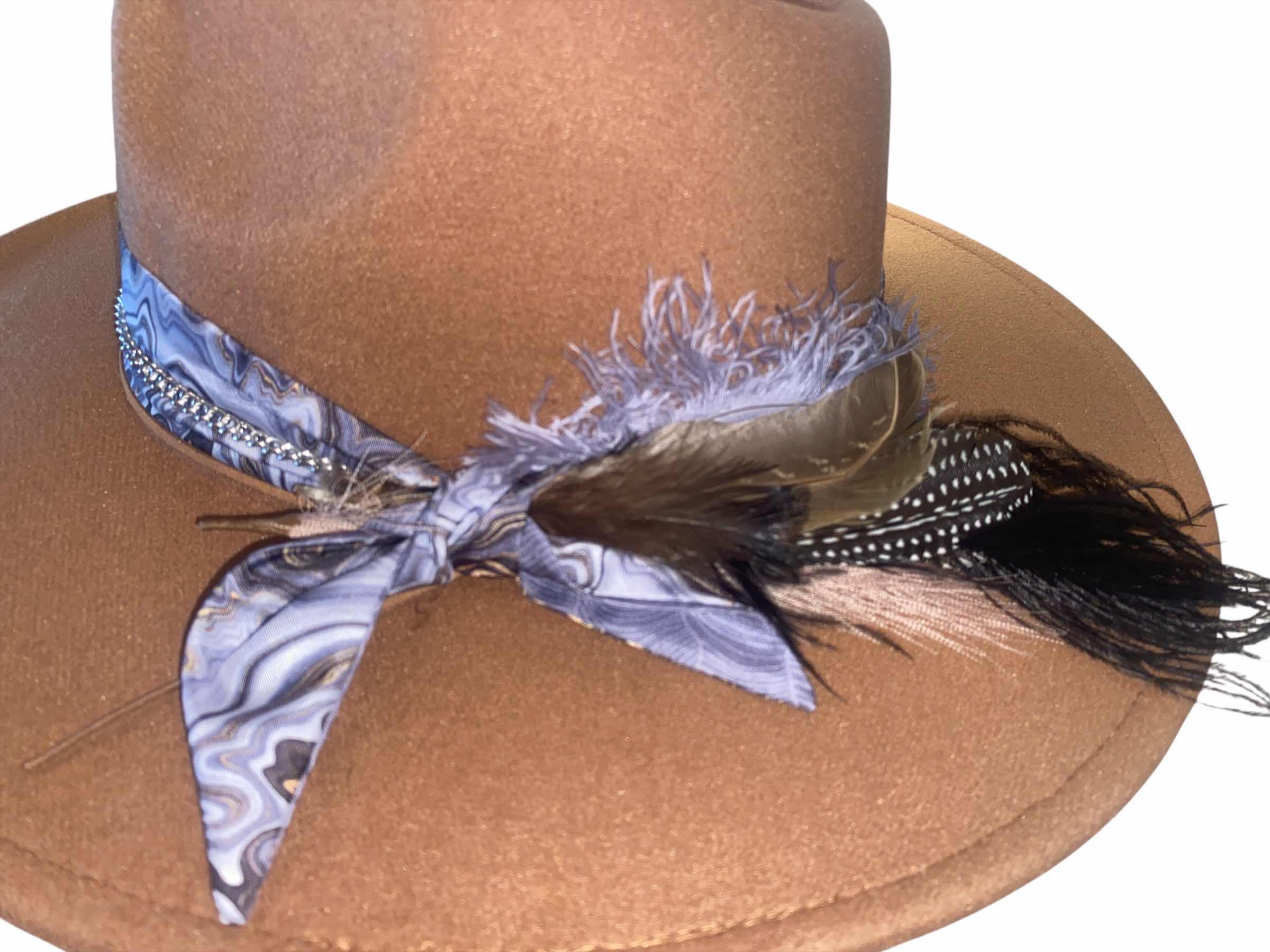 Photo 1 of NEW - CUSTOM DECORATED KHAKI TAN FEDORA HAT WITH FEATHERS - ADJUSTABLE WITH INTERIOR RIBBON - TIE TO FIT
