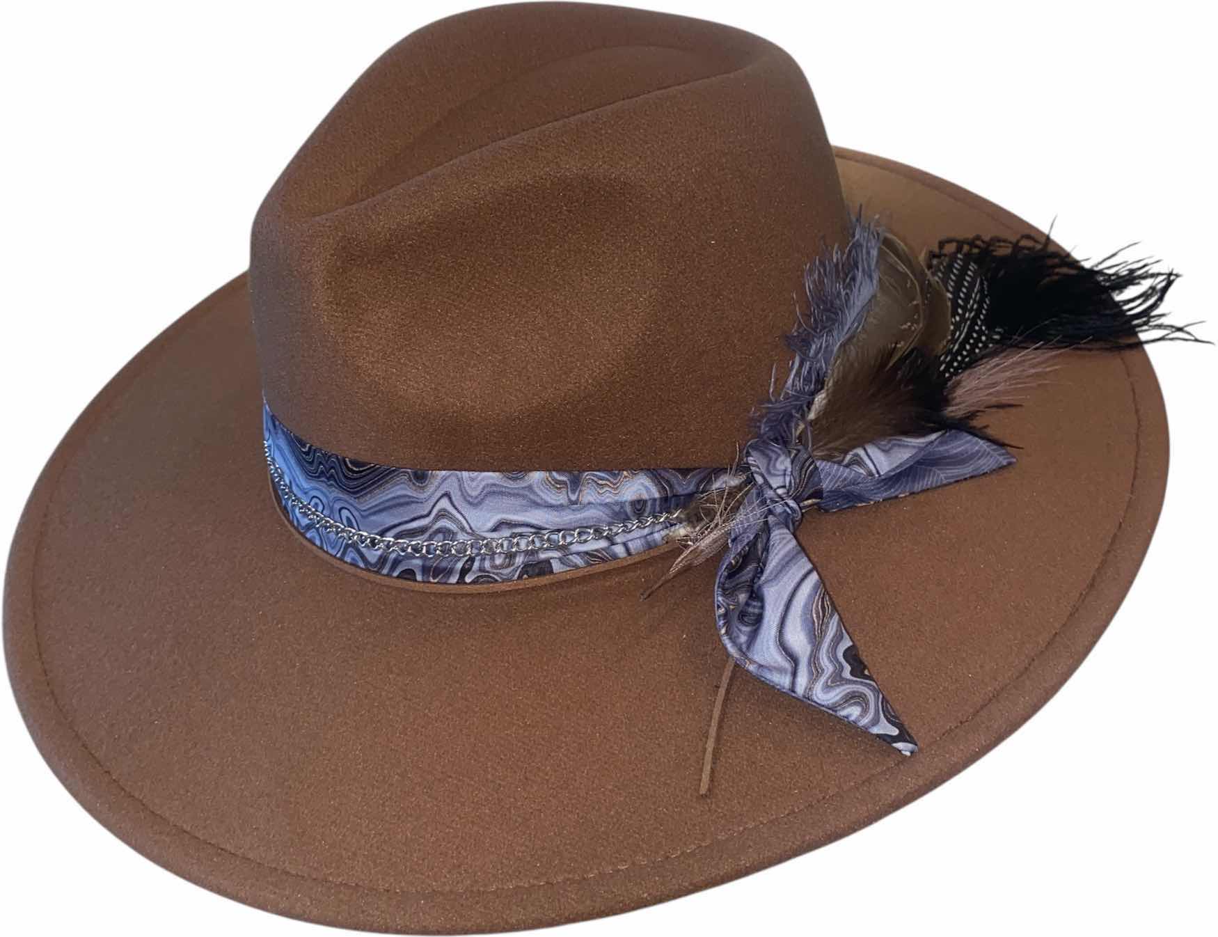 Photo 1 of NEW - CUSTOM DECORATED KHAKI TAN FEDORA HAT WITH FEATHERS - ADJUSTABLE WITH INTERIOR RIBBON - TIE TO FIT