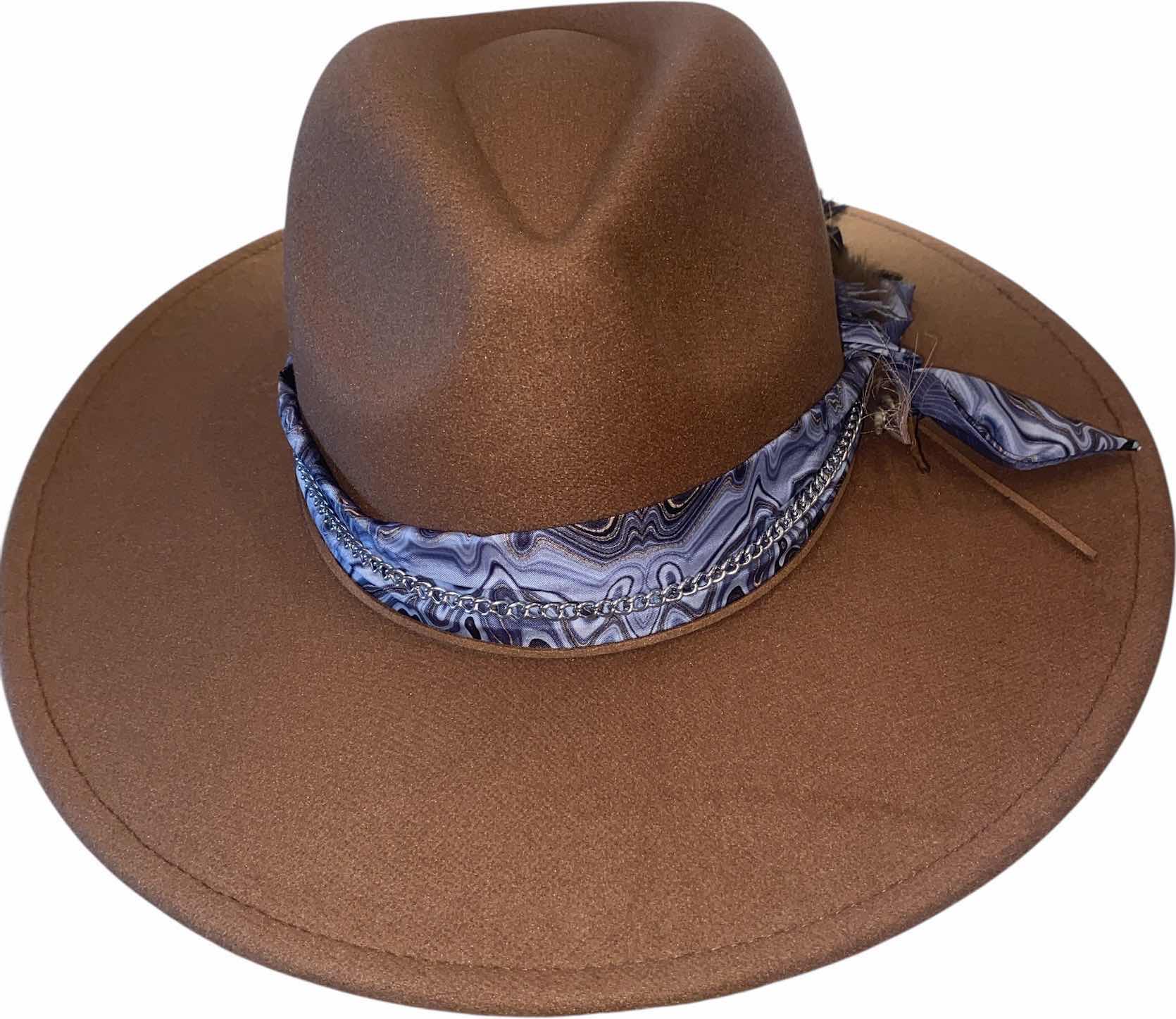 Photo 1 of NEW - CUSTOM DECORATED KHAKI TAN FEDORA HAT WITH FEATHERS - ADJUSTABLE WITH INTERIOR RIBBON - TIE TO FIT