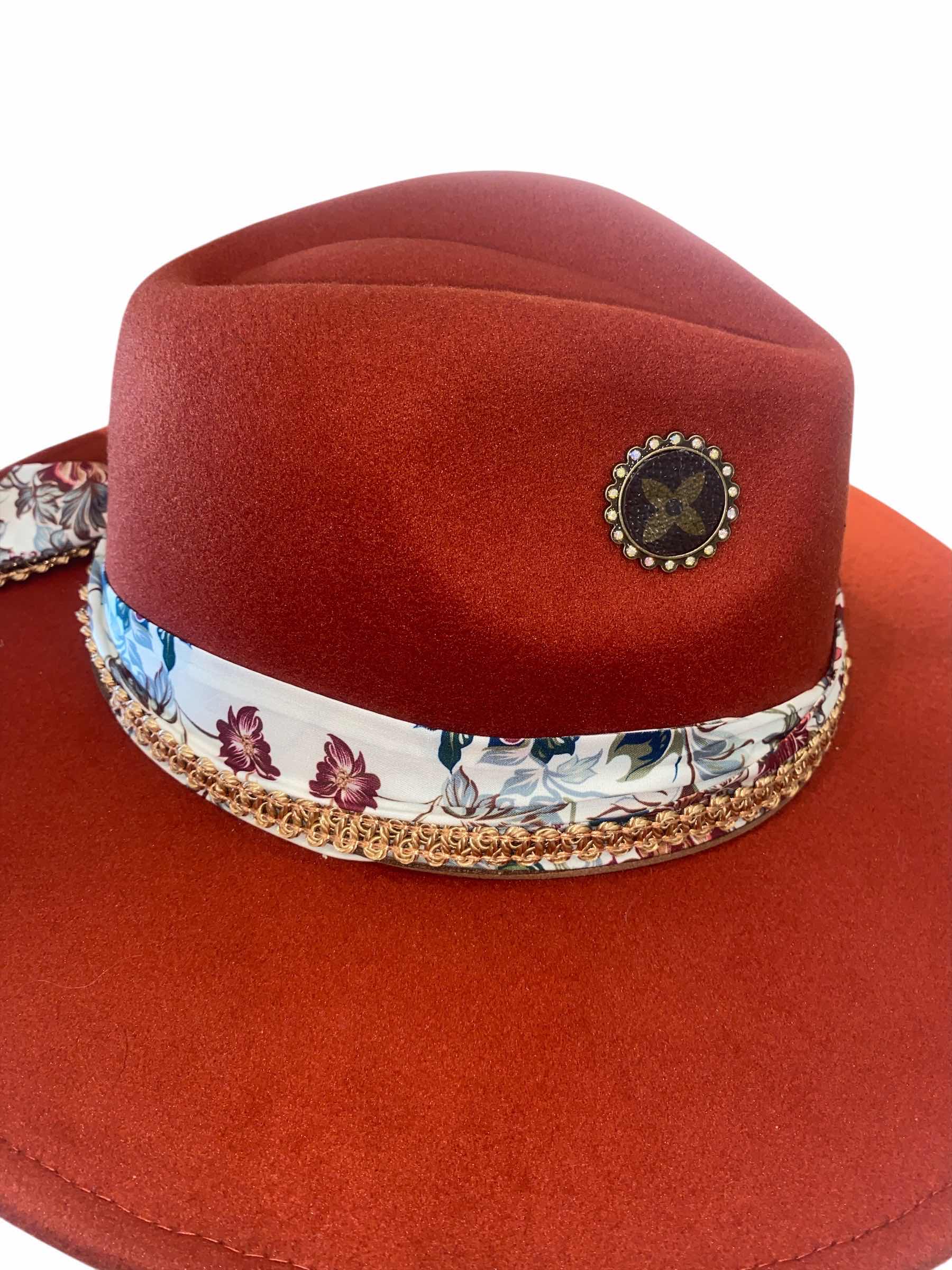 Photo 1 of NEW - CUSTOM DECORATED CARAMEL FEDORA HAT WITH UPCYCLED LOUIS VUITTON MONOGRAM EMBELLISHMENTS FEATHERS  - ADJUSTABLE WITH INTERIOR RIBBON - TIE TO FIT