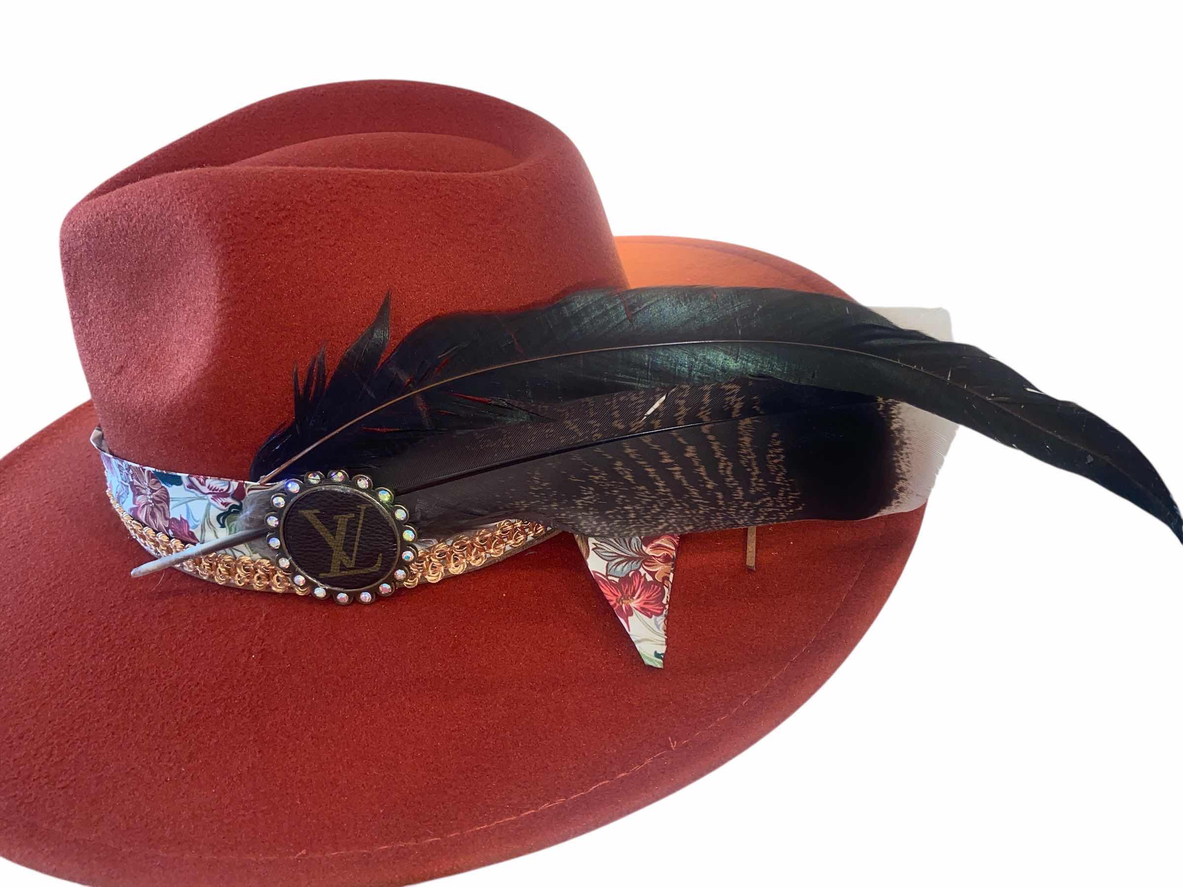 Photo 1 of NEW - CUSTOM DECORATED CARAMEL FEDORA HAT WITH UPCYCLED LOUIS VUITTON MONOGRAM EMBELLISHMENTS FEATHERS  - ADJUSTABLE WITH INTERIOR RIBBON - TIE TO FIT
