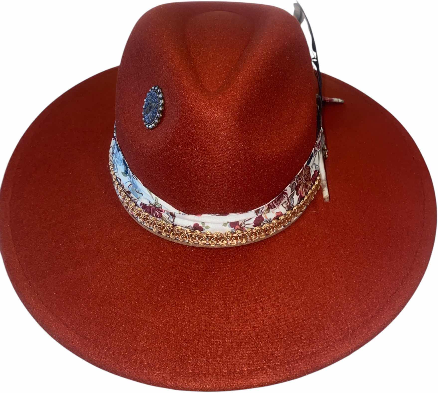 Photo 1 of NEW - CUSTOM DECORATED CARAMEL FEDORA HAT WITH UPCYCLED LOUIS VUITTON MONOGRAM EMBELLISHMENTS FEATHERS  - ADJUSTABLE WITH INTERIOR RIBBON - TIE TO FIT