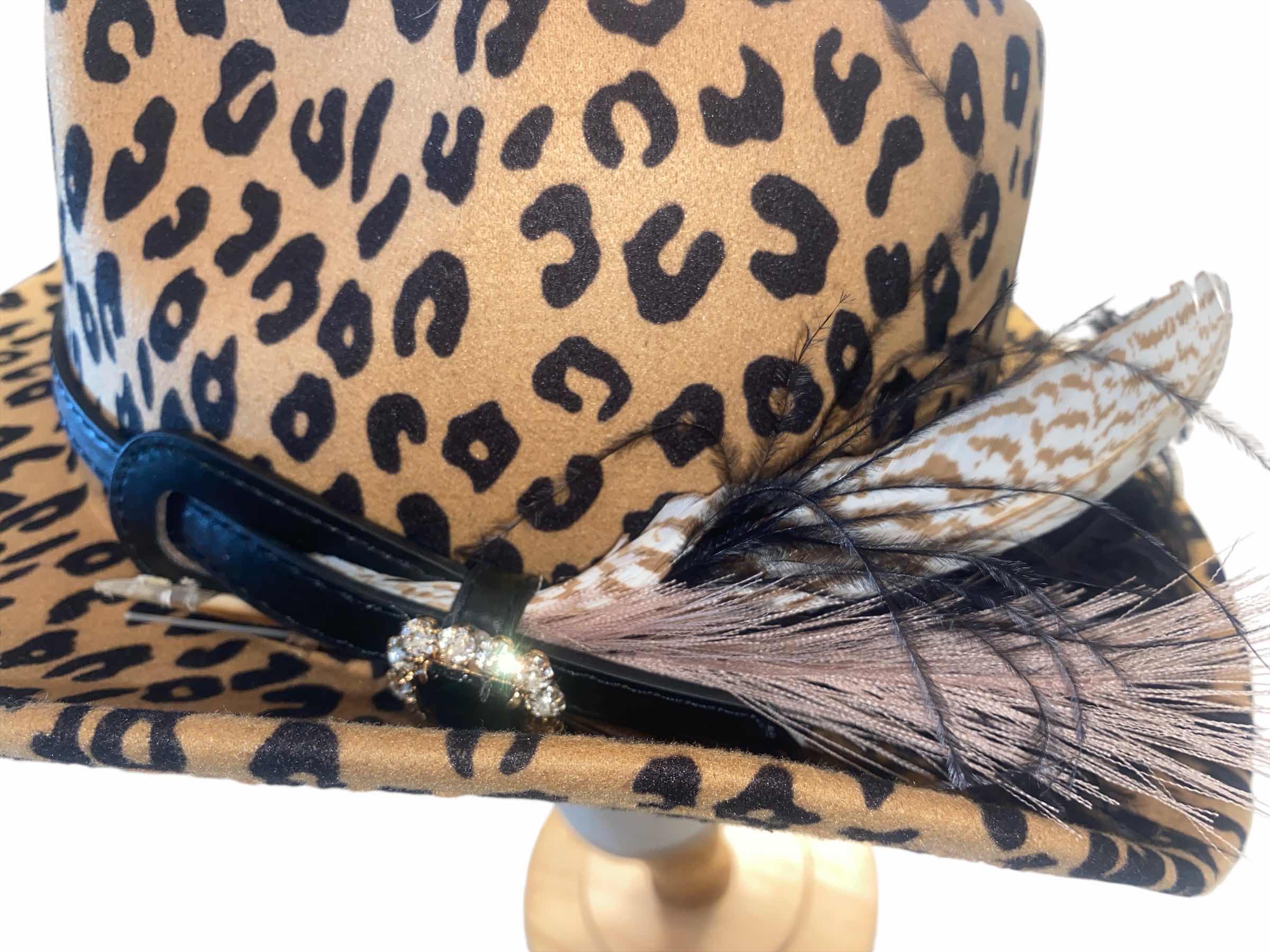 Photo 1 of NEW - LEOPARD PRINT SMALL BRIM FEDORA WITH FEATHERS - ADJUSTABLE WITH INTERIOR RIBBON TO TIE