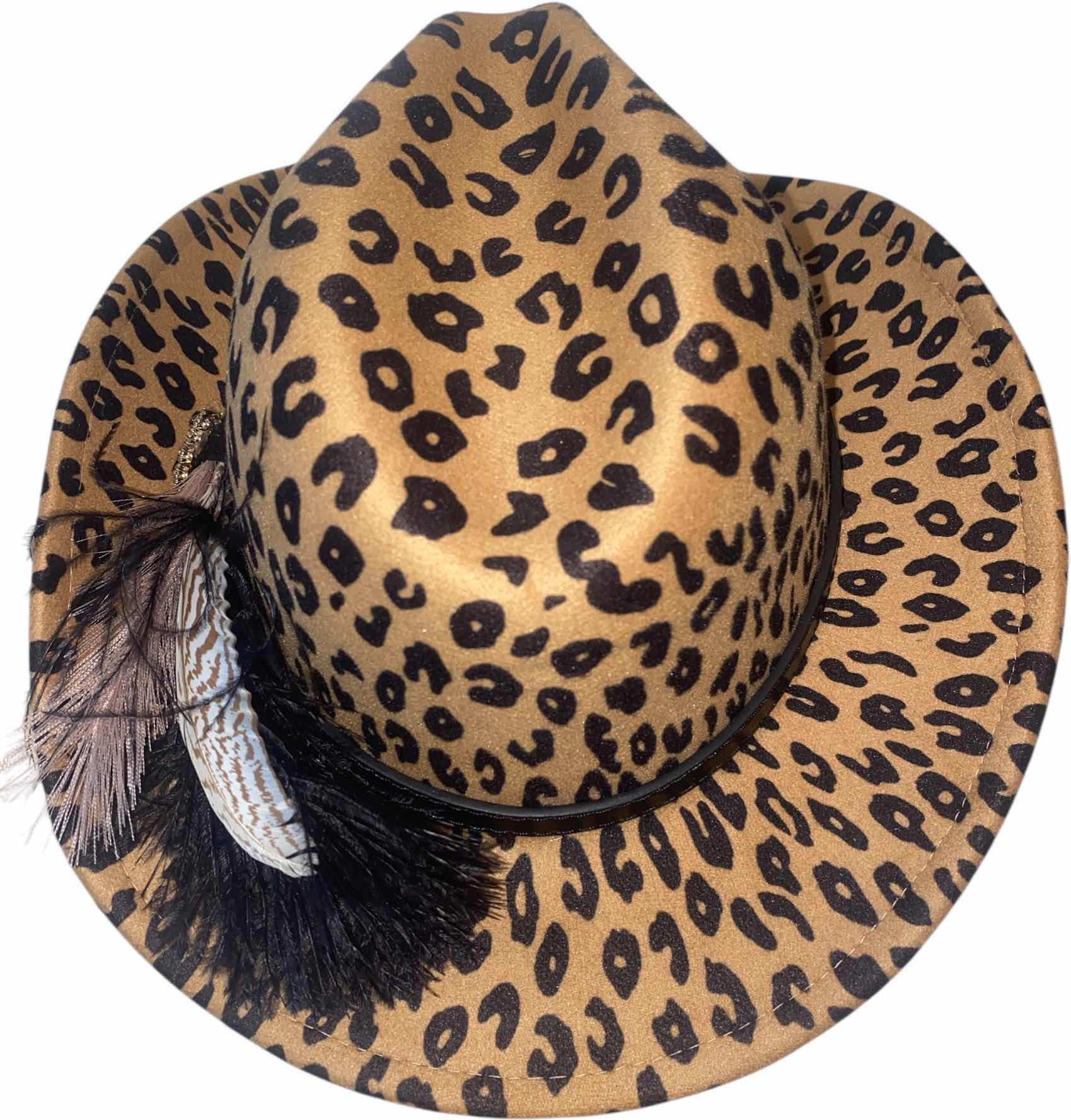 Photo 1 of NEW - LEOPARD PRINT SMALL BRIM FEDORA WITH FEATHERS - ADJUSTABLE WITH INTERIOR RIBBON TO TIE