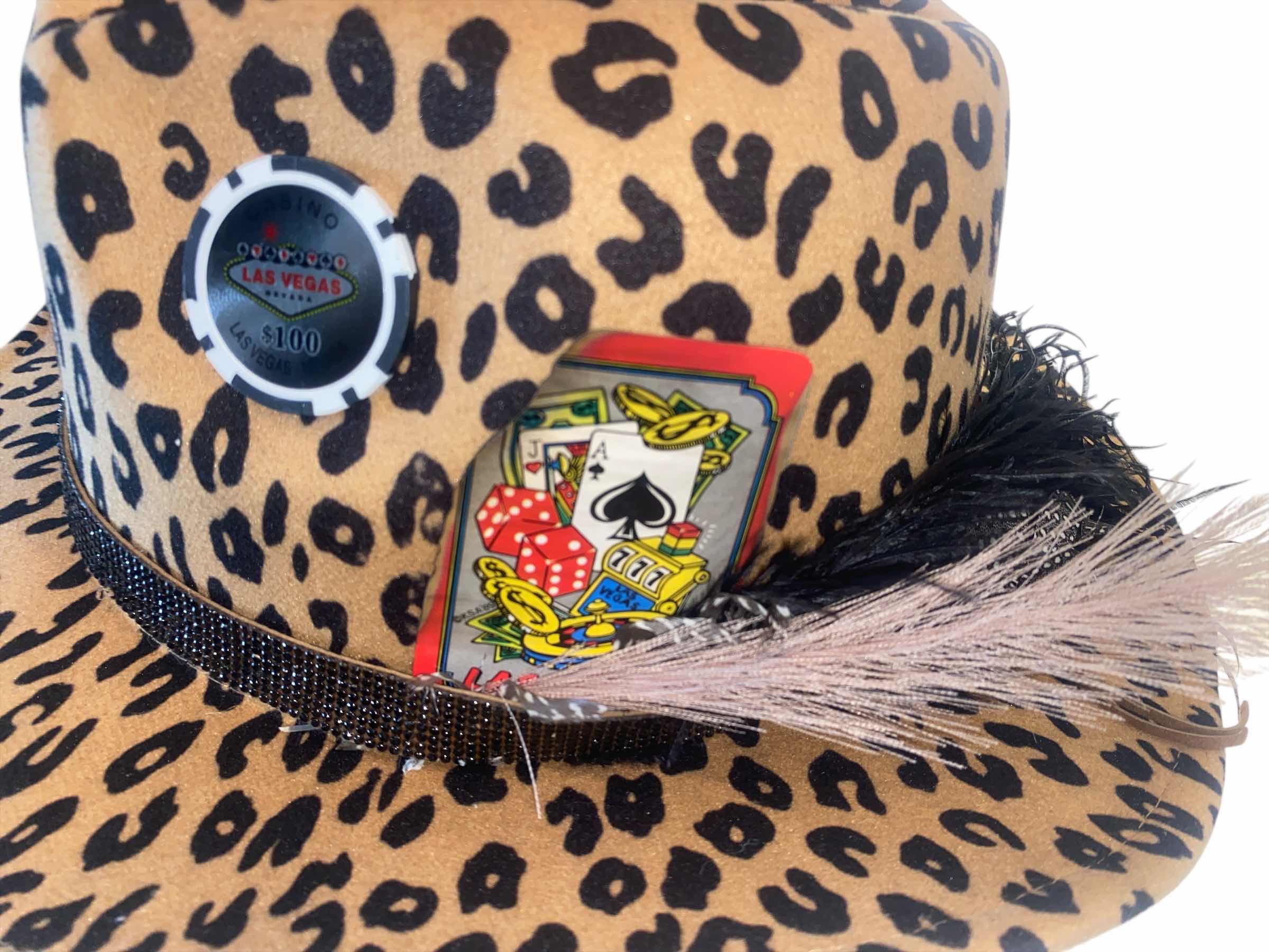 Photo 1 of NEW - LEOPARD PRINT SMALL BRIM CASINO FEDORA WITH REMOVEABLE FEATHERS & CARD - ADJUSTABLE WITH INTERIOR RIBBON TO TIE
