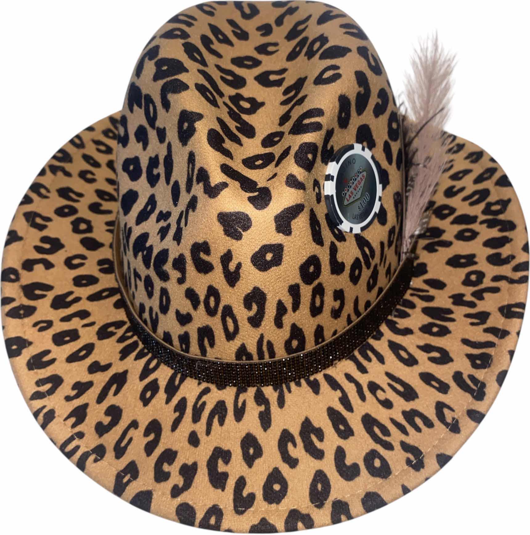 Photo 1 of NEW - LEOPARD PRINT SMALL BRIM CASINO FEDORA WITH REMOVEABLE FEATHERS & CARD - ADJUSTABLE WITH INTERIOR RIBBON TO TIE
