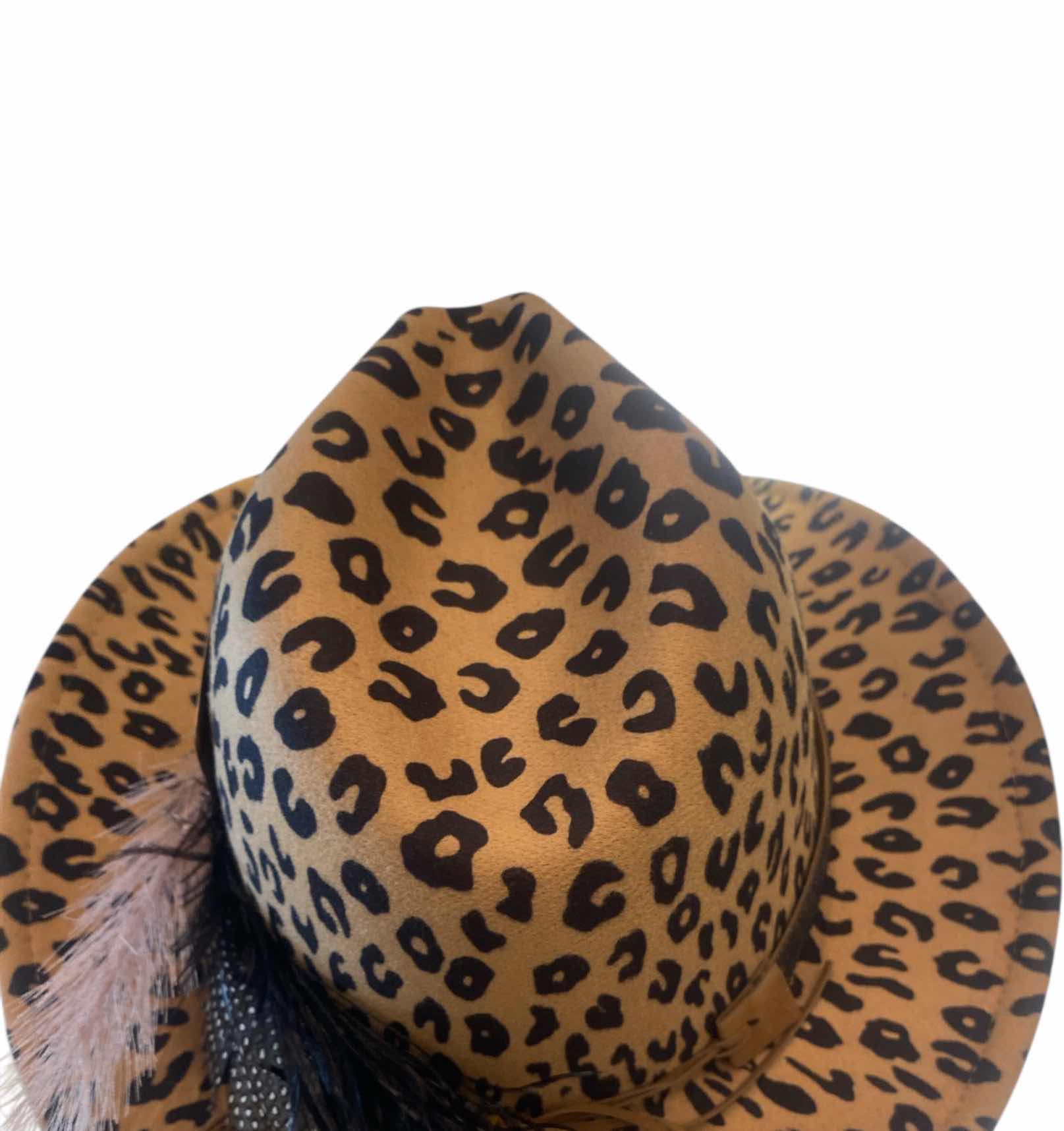 Photo 1 of NEW - LEOPARD PRINT SMALL BRIM CASINO FEDORA WITH REMOVEABLE FEATHERS & CARD - ADJUSTABLE WITH INTERIOR RIBBON TO TIE