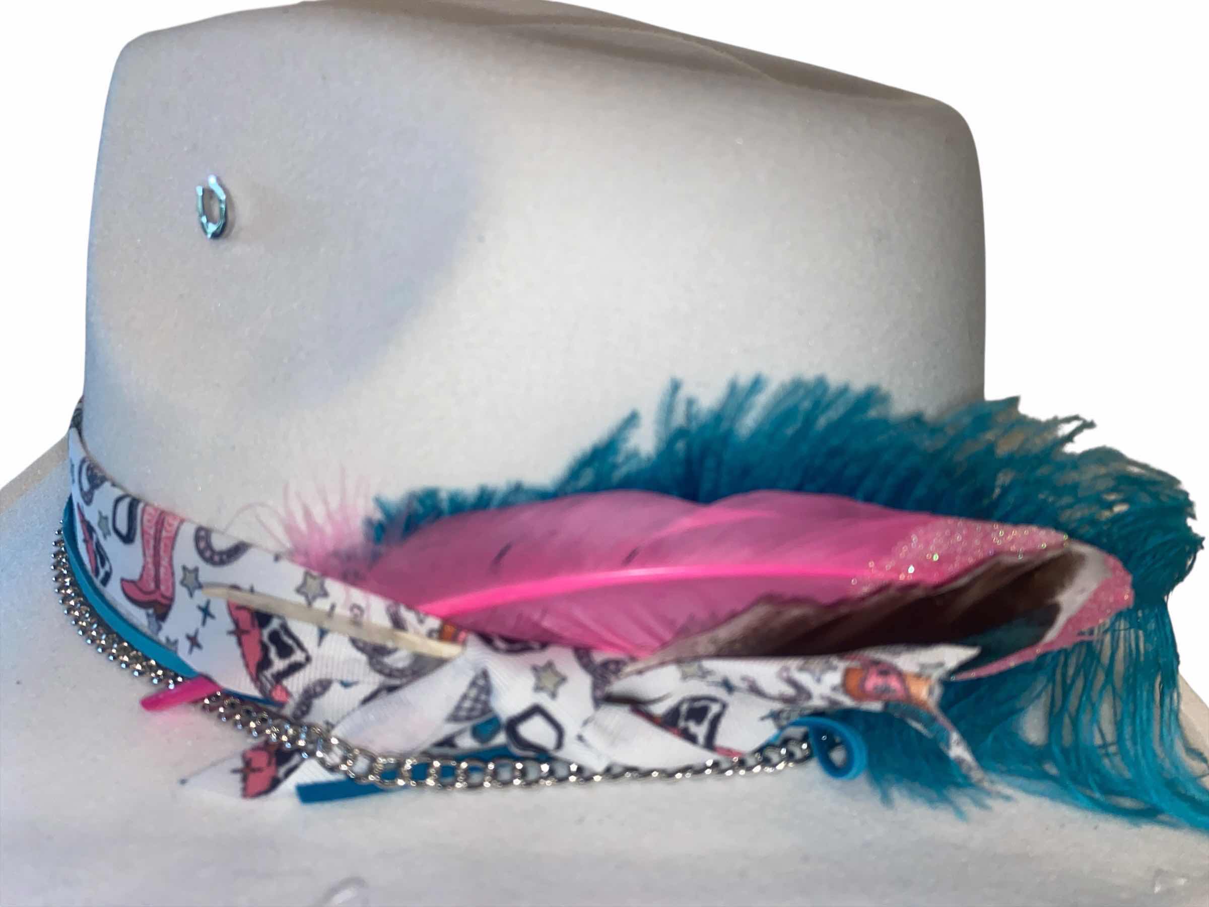 Photo 1 of NEW - CUSTOM DECORATED WESTERN COWBOY HAT WITH FEATHERS & EMBELLISHMENT - INTERIOR RIBBON TO ADJUST SIZE
