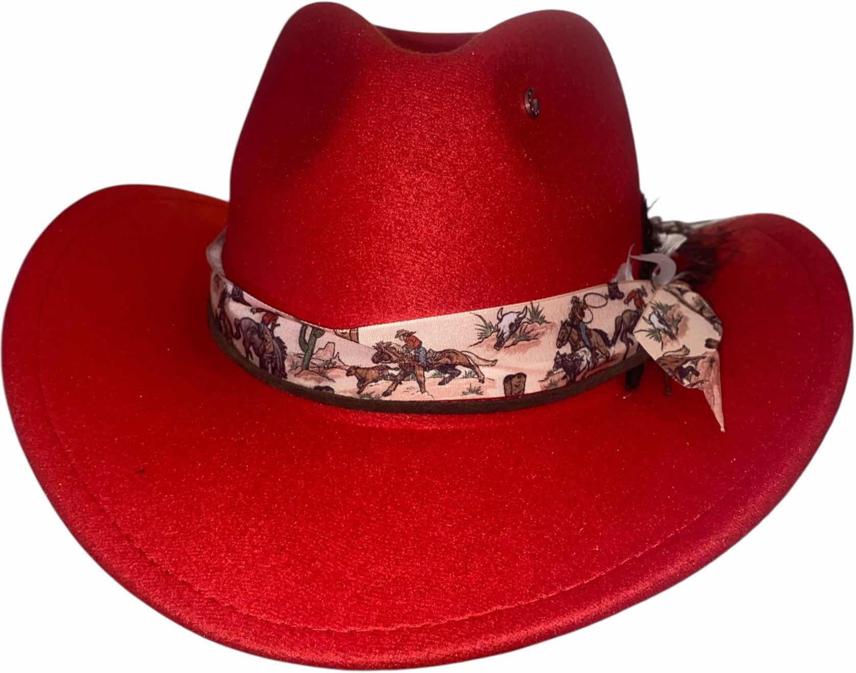 Photo 1 of NEW - CUSTOM DECORATED RED WESTERN COWBOY HAT WITH FEATHERS & EMBELLISHMENT - INTERIOR RIBBON TO ADJUST SIZE