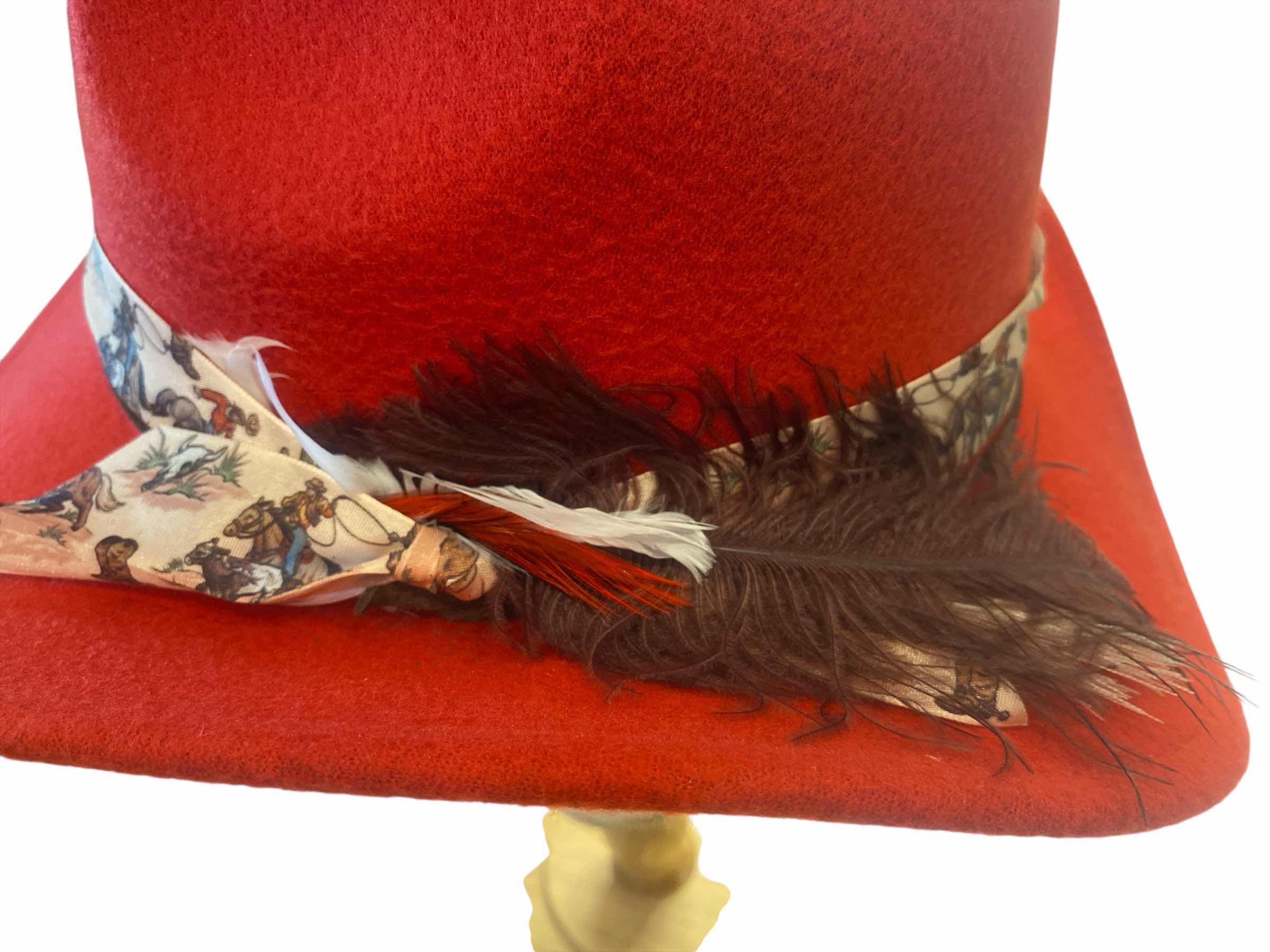 Photo 1 of NEW - CUSTOM DECORATED RED WESTERN COWBOY HAT WITH FEATHERS & EMBELLISHMENT - INTERIOR RIBBON TO ADJUST SIZE