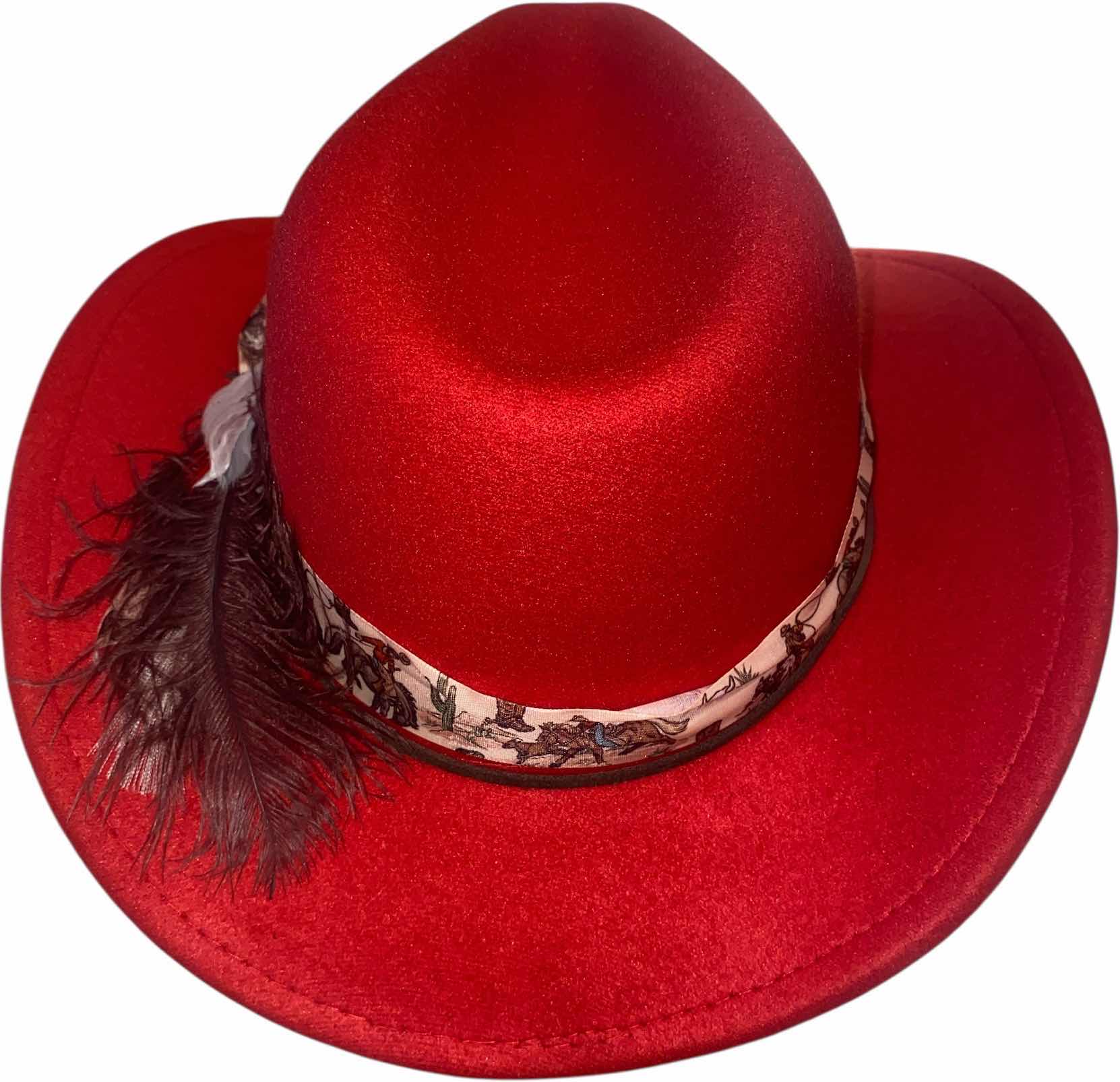 Photo 1 of NEW - CUSTOM DECORATED RED WESTERN COWBOY HAT WITH FEATHERS & EMBELLISHMENT - INTERIOR RIBBON TO ADJUST SIZE