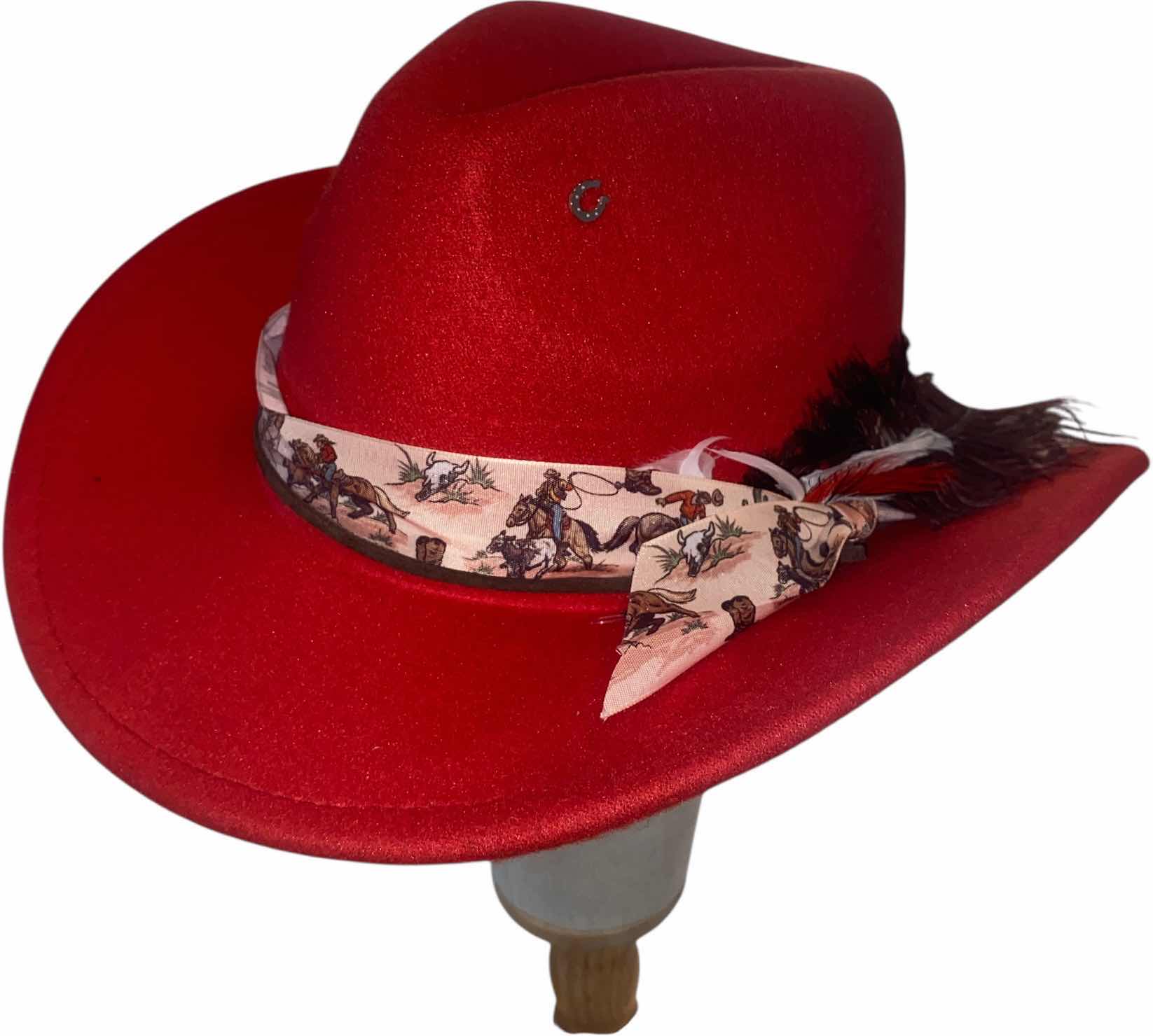Photo 1 of NEW - CUSTOM DECORATED RED WESTERN COWBOY HAT WITH FEATHERS & EMBELLISHMENT - INTERIOR RIBBON TO ADJUST SIZE