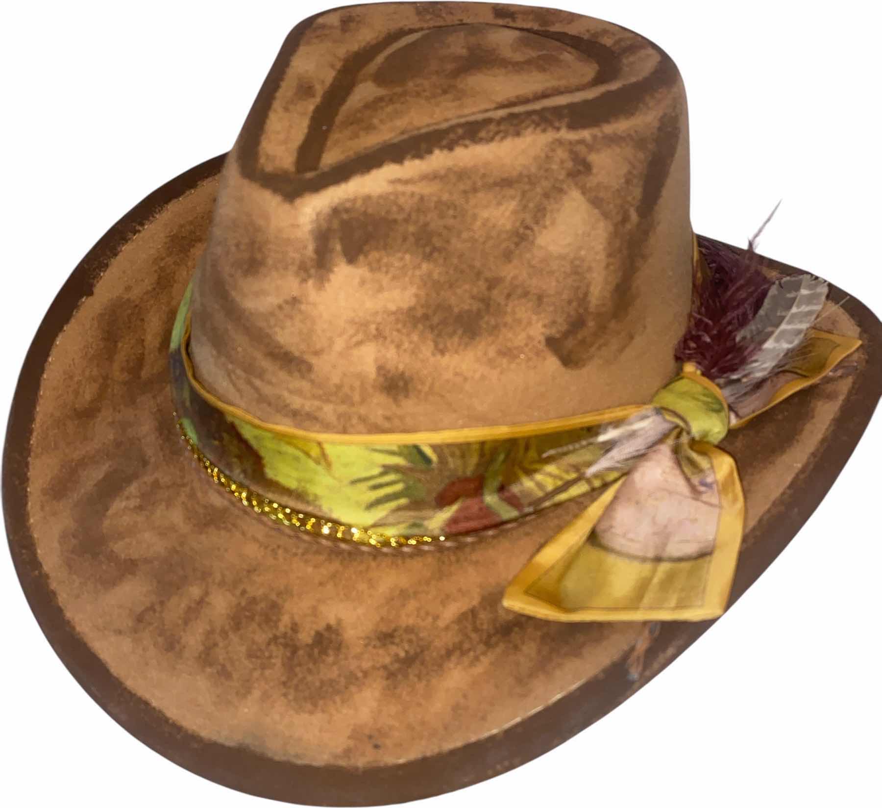 Photo 1 of NEW - CUSTOM HAND PAINTED & DECORATED WESTERN COWBOY HAT WITH FEATHERS & EMBELLISHMENT - INTERIOR RIBBON TO ADJUST SIZE