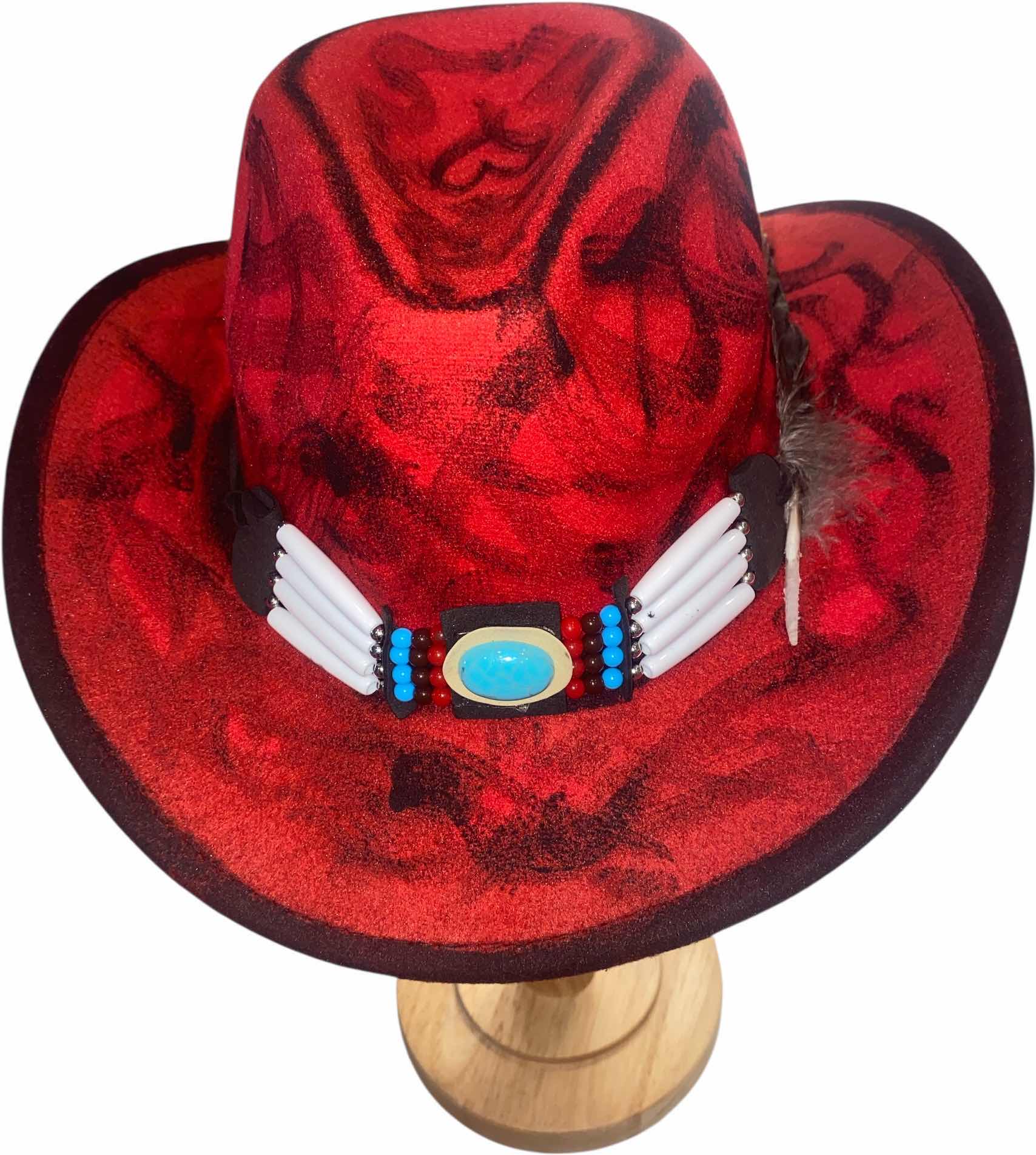 Photo 1 of NEW - CUSTOM HAND PAINTED & DECORATED WESTERN COWBOY HAT WITH FEATHERS & EMBELLISHMENT - INTERIOR RIBBON TO ADJUST SIZE