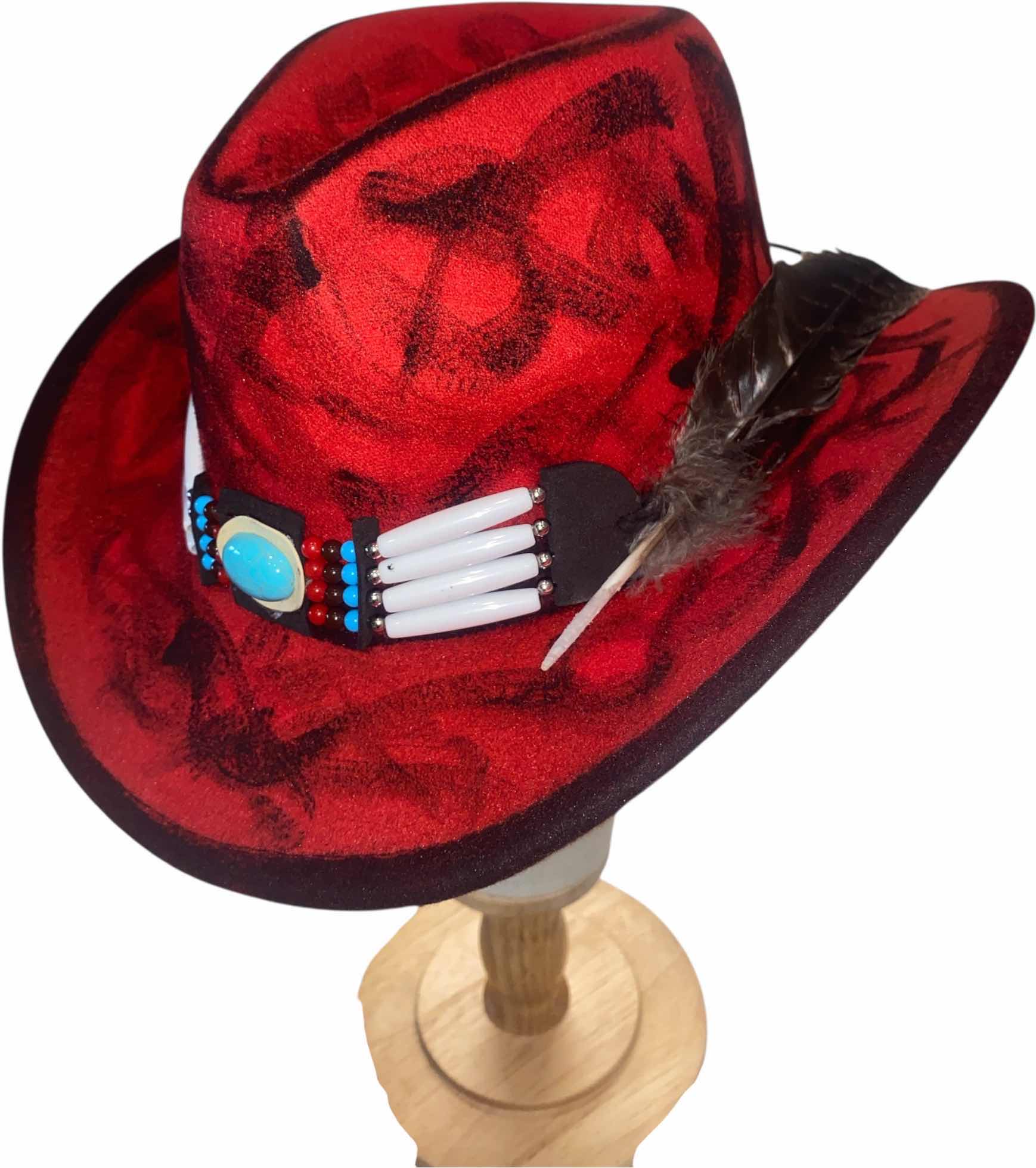 Photo 1 of NEW - CUSTOM HAND PAINTED & DECORATED WESTERN COWBOY HAT WITH FEATHERS & EMBELLISHMENT - INTERIOR RIBBON TO ADJUST SIZE