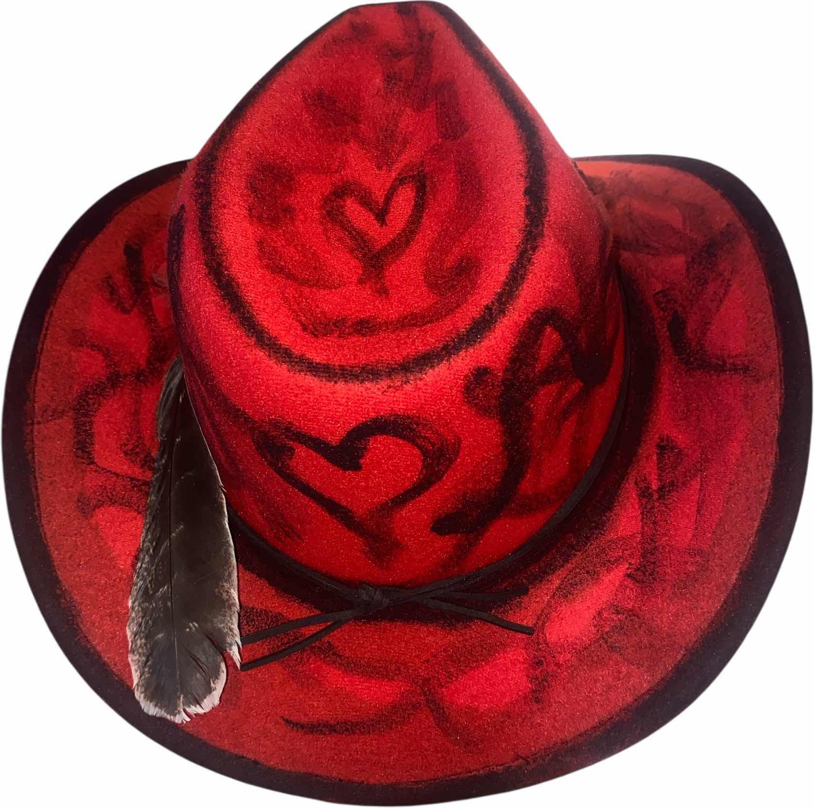Photo 1 of NEW - CUSTOM HAND PAINTED & DECORATED WESTERN COWBOY HAT WITH FEATHERS & EMBELLISHMENT - INTERIOR RIBBON TO ADJUST SIZE