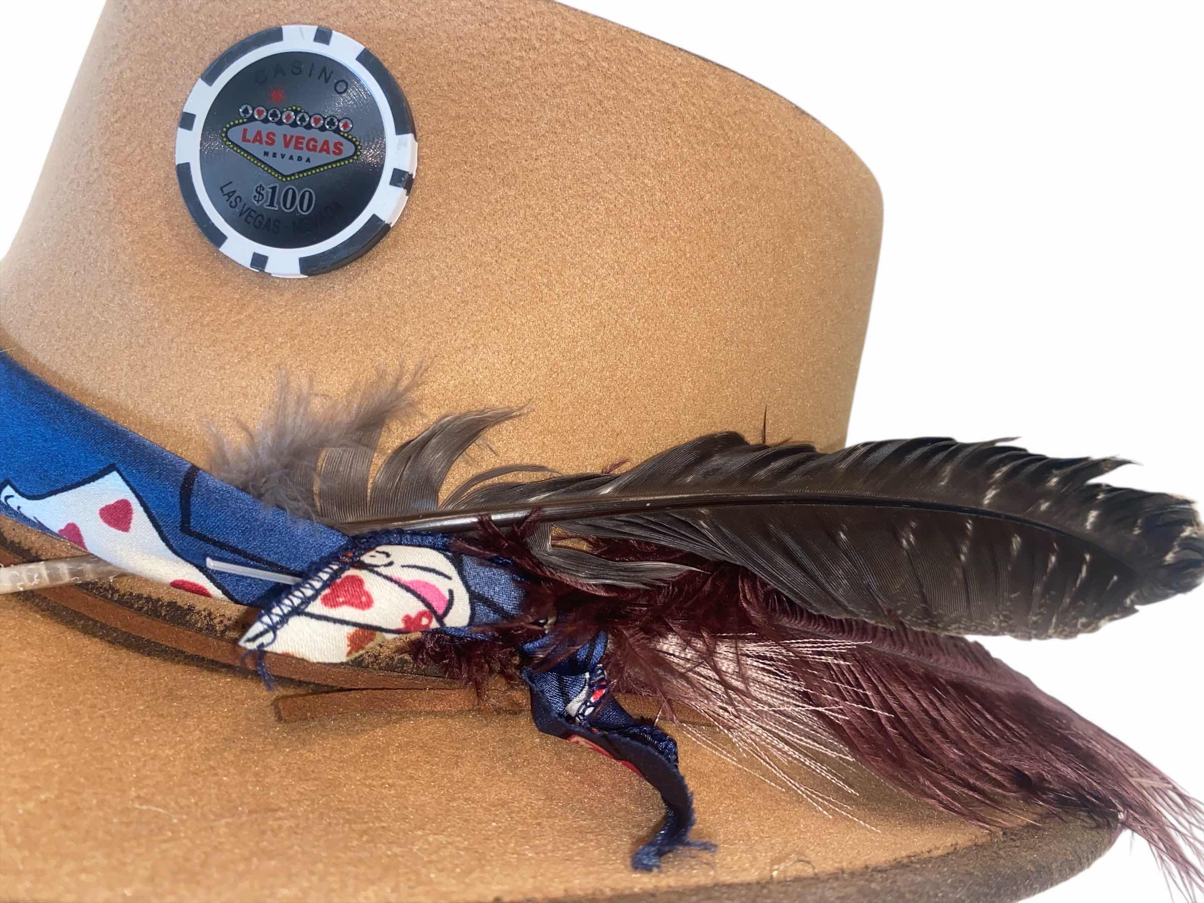 Photo 1 of NEW - CUSTOM HAND PAINTED & DECORATED WESTERN CASINO COWBOY HAT WITH FEATHERS & EMBELLISHMENT - INTERIOR RIBBON TO ADJUST SIZE