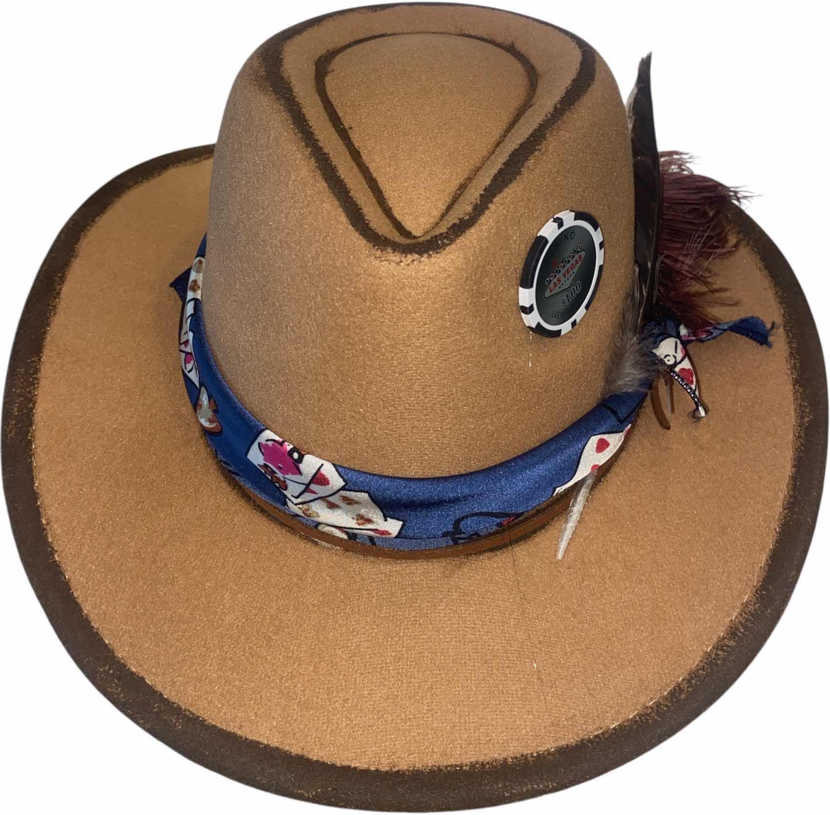 Photo 1 of NEW - CUSTOM HAND PAINTED & DECORATED WESTERN CASINO COWBOY HAT WITH FEATHERS & EMBELLISHMENT - INTERIOR RIBBON TO ADJUST SIZE