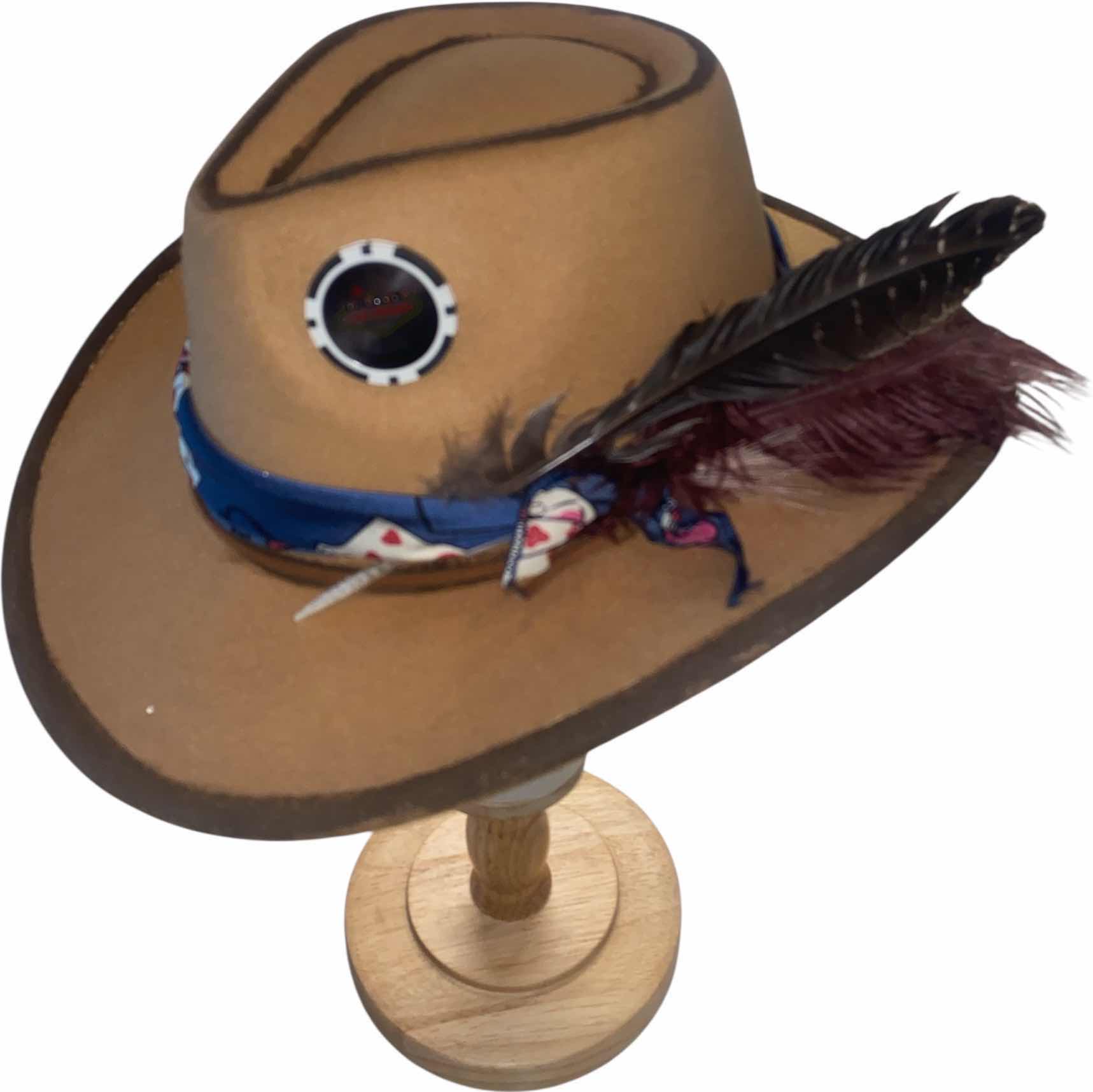 Photo 1 of NEW - CUSTOM HAND PAINTED & DECORATED WESTERN CASINO COWBOY HAT WITH FEATHERS & EMBELLISHMENT - INTERIOR RIBBON TO ADJUST SIZE