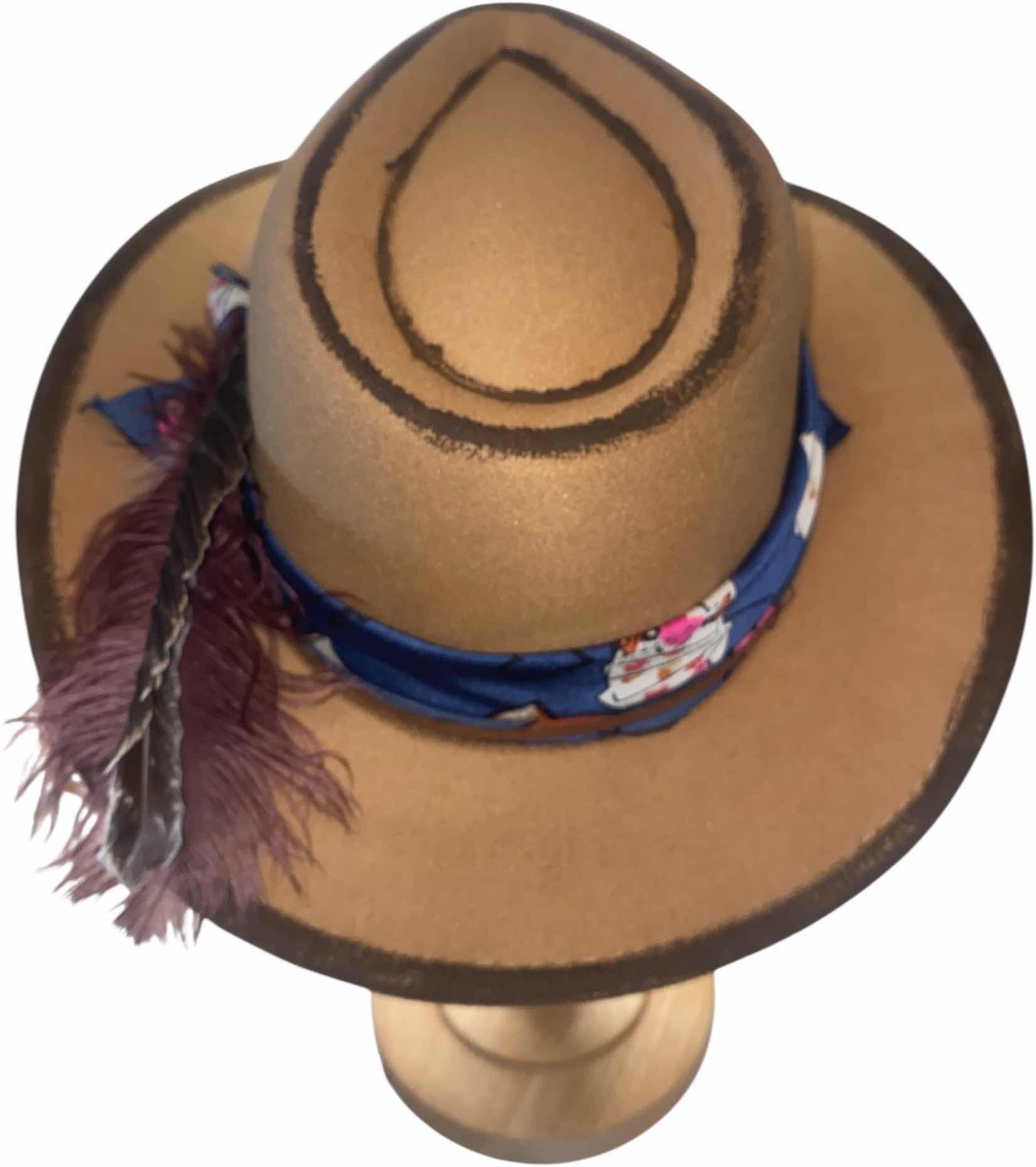 Photo 1 of NEW - CUSTOM HAND PAINTED & DECORATED WESTERN CASINO COWBOY HAT WITH FEATHERS & EMBELLISHMENT - INTERIOR RIBBON TO ADJUST SIZE