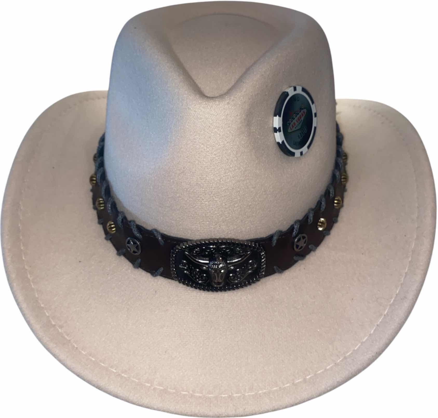 Photo 1 of NEW - CUSTOM DECORATED CREAM WESTERN CASINO COWBOY HAT WITH FEATHERS & EMBELLISHMENT - INTERIOR RIBBON TO ADJUST SIZE