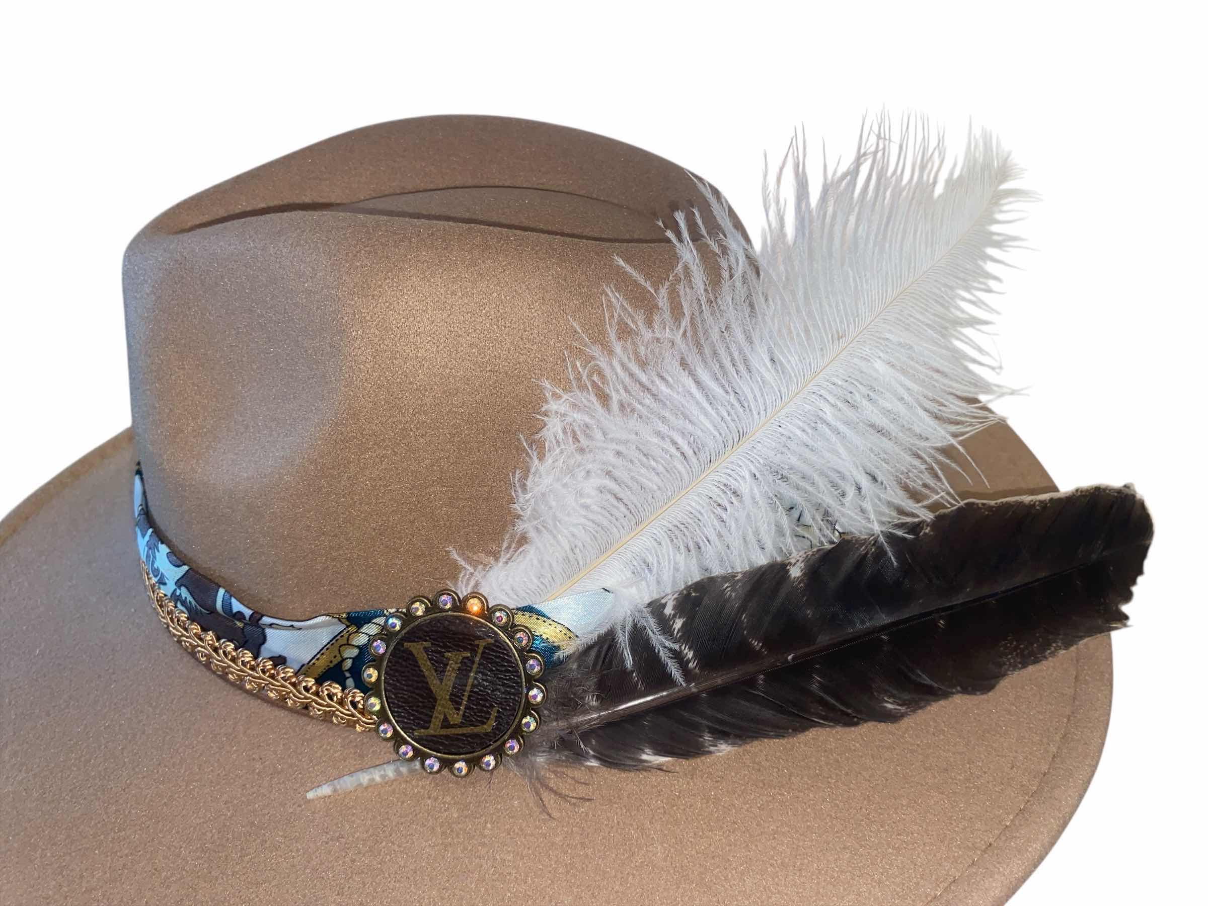 Photo 1 of NEW - CUSTOM DECORATED LIGHT TAN FEDORA HAT WITH UPCYCLED LOUIS VUITTON MONOGRAM EMBELLISHMENTS FEATHERS  - ADJUSTABLE WITH INTERIOR RIBBON - TIE TO FIT