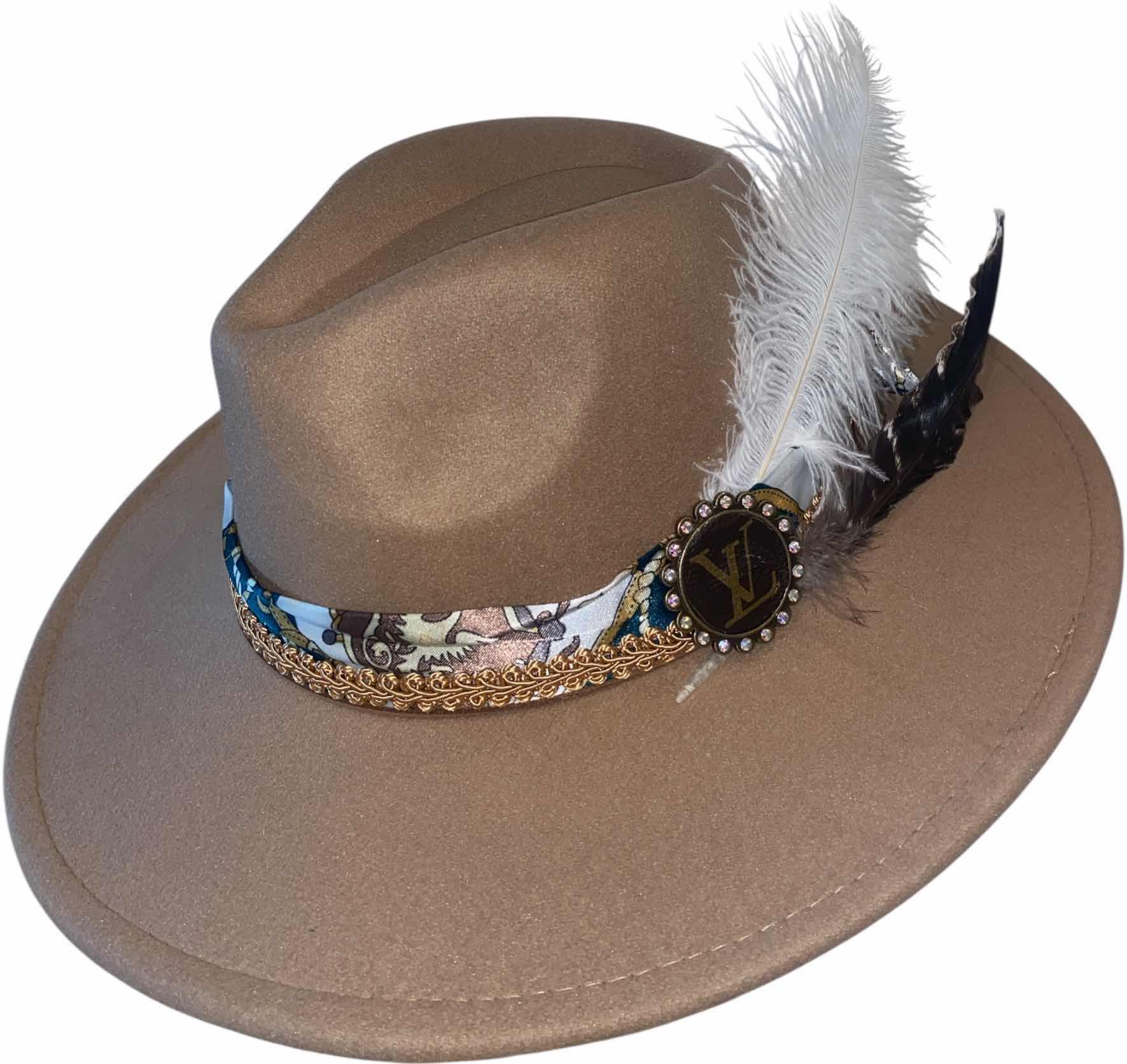 Photo 1 of NEW - CUSTOM DECORATED LIGHT TAN FEDORA HAT WITH UPCYCLED LOUIS VUITTON MONOGRAM EMBELLISHMENTS FEATHERS  - ADJUSTABLE WITH INTERIOR RIBBON - TIE TO FIT