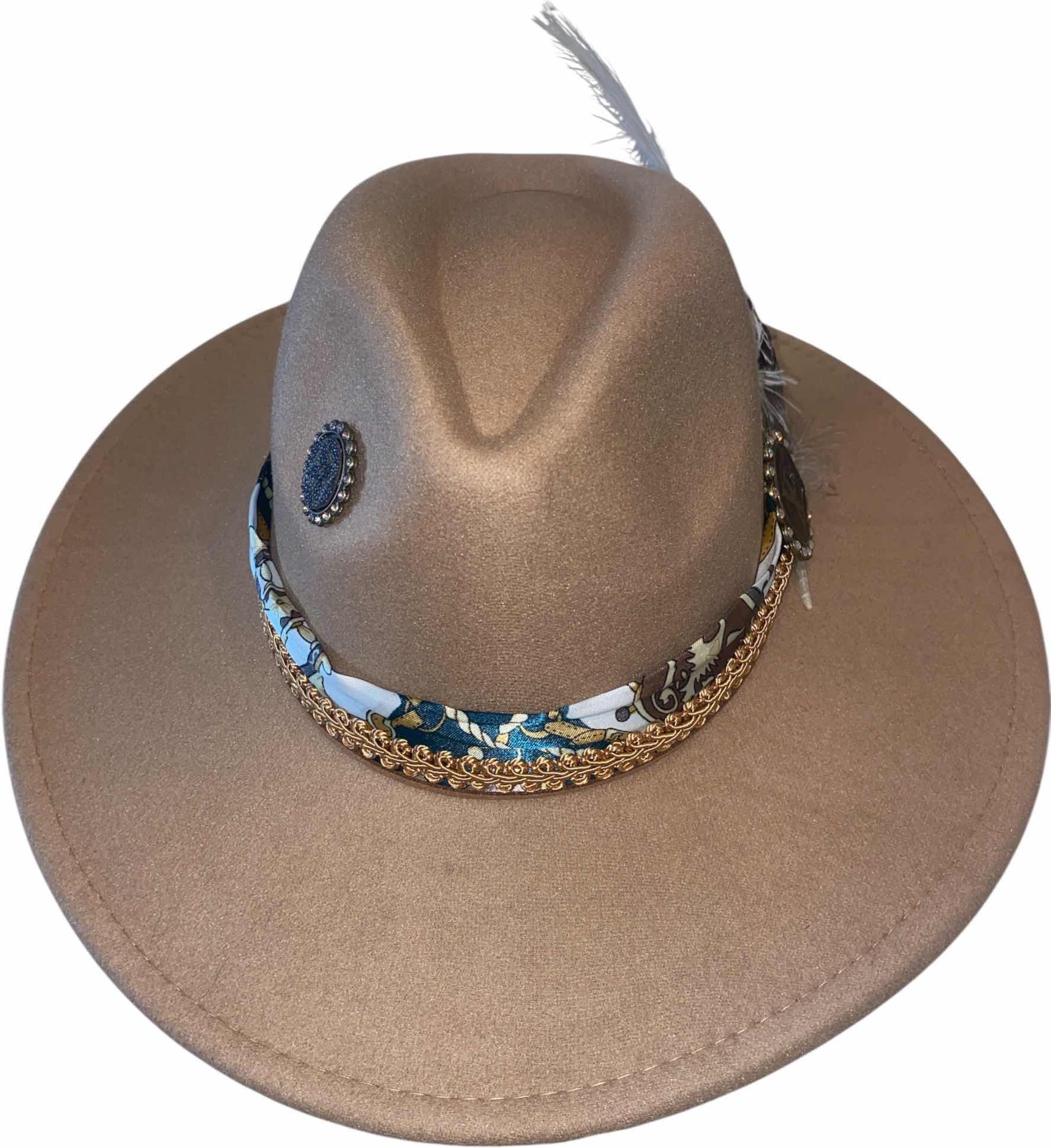 Photo 1 of NEW - CUSTOM DECORATED LIGHT TAN FEDORA HAT WITH UPCYCLED LOUIS VUITTON MONOGRAM EMBELLISHMENTS FEATHERS  - ADJUSTABLE WITH INTERIOR RIBBON - TIE TO FIT