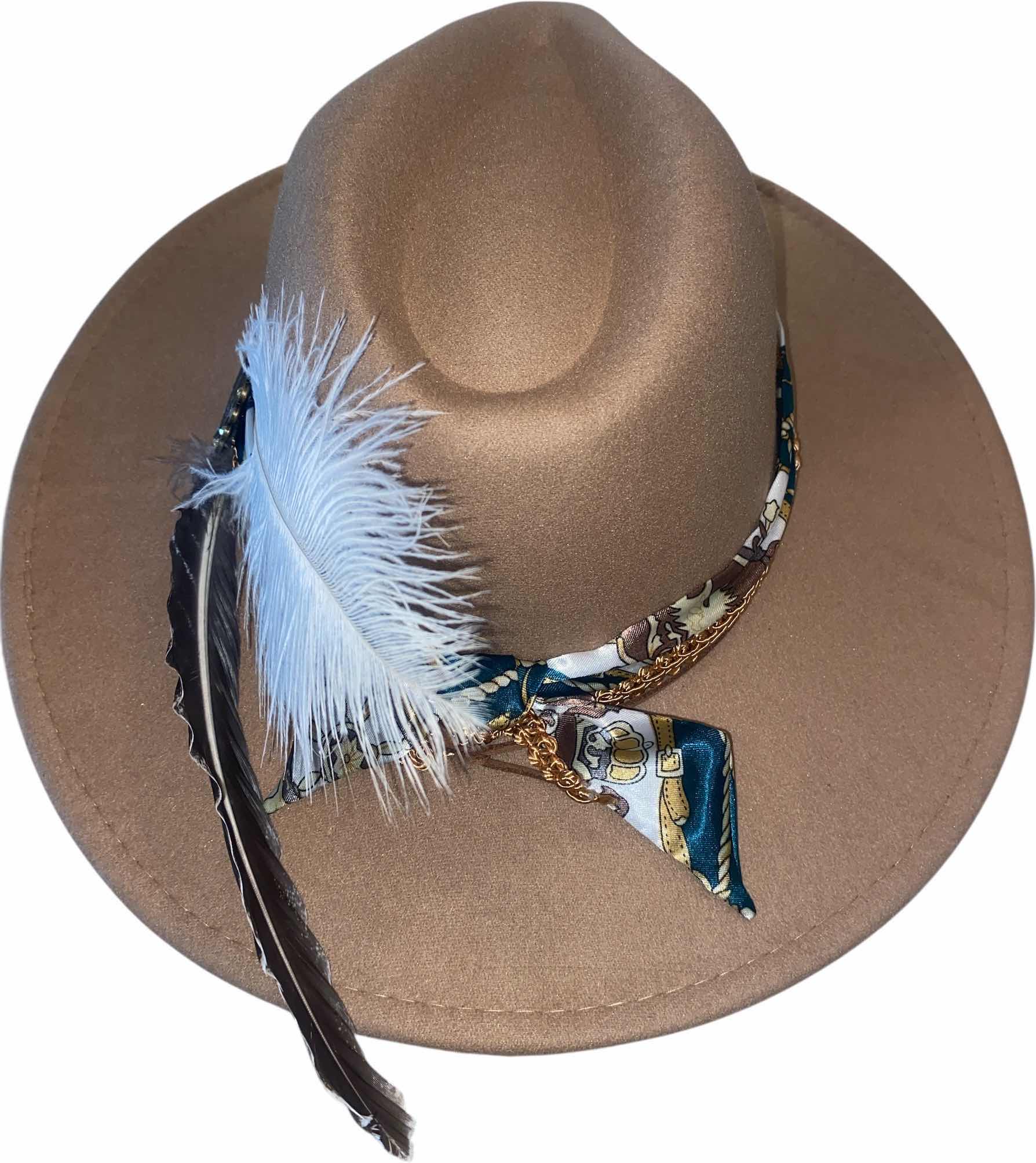 Photo 1 of NEW - CUSTOM DECORATED LIGHT TAN FEDORA HAT WITH UPCYCLED LOUIS VUITTON MONOGRAM EMBELLISHMENTS FEATHERS  - ADJUSTABLE WITH INTERIOR RIBBON - TIE TO FIT