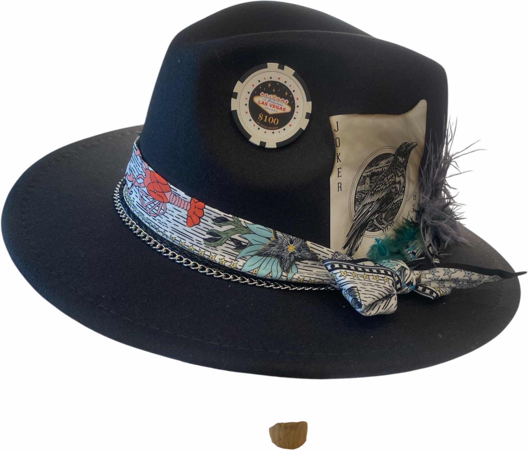 Photo 1 of NEW - CUSTOM DECORATED CHARCOAL BLACK CASINO THEME SMALL BRIM FEDORA HAT WITH REMOVABLE FEATHER - ADJUSTABLE WITH INTERIOR RIBBON - TIE TO FIT
