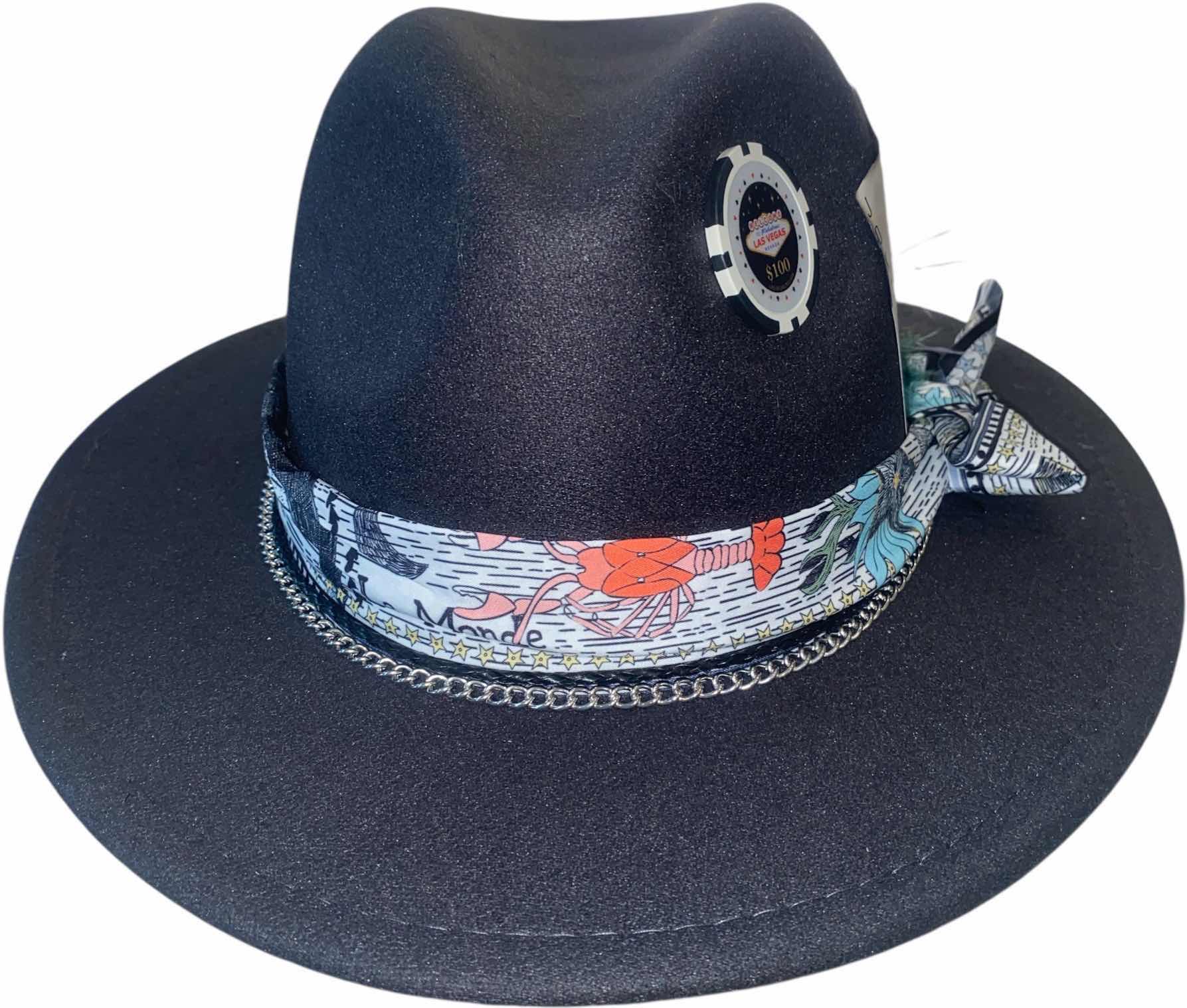 Photo 1 of NEW - CUSTOM DECORATED CHARCOAL BLACK CASINO THEME SMALL BRIM FEDORA HAT WITH REMOVABLE FEATHER - ADJUSTABLE WITH INTERIOR RIBBON - TIE TO FIT