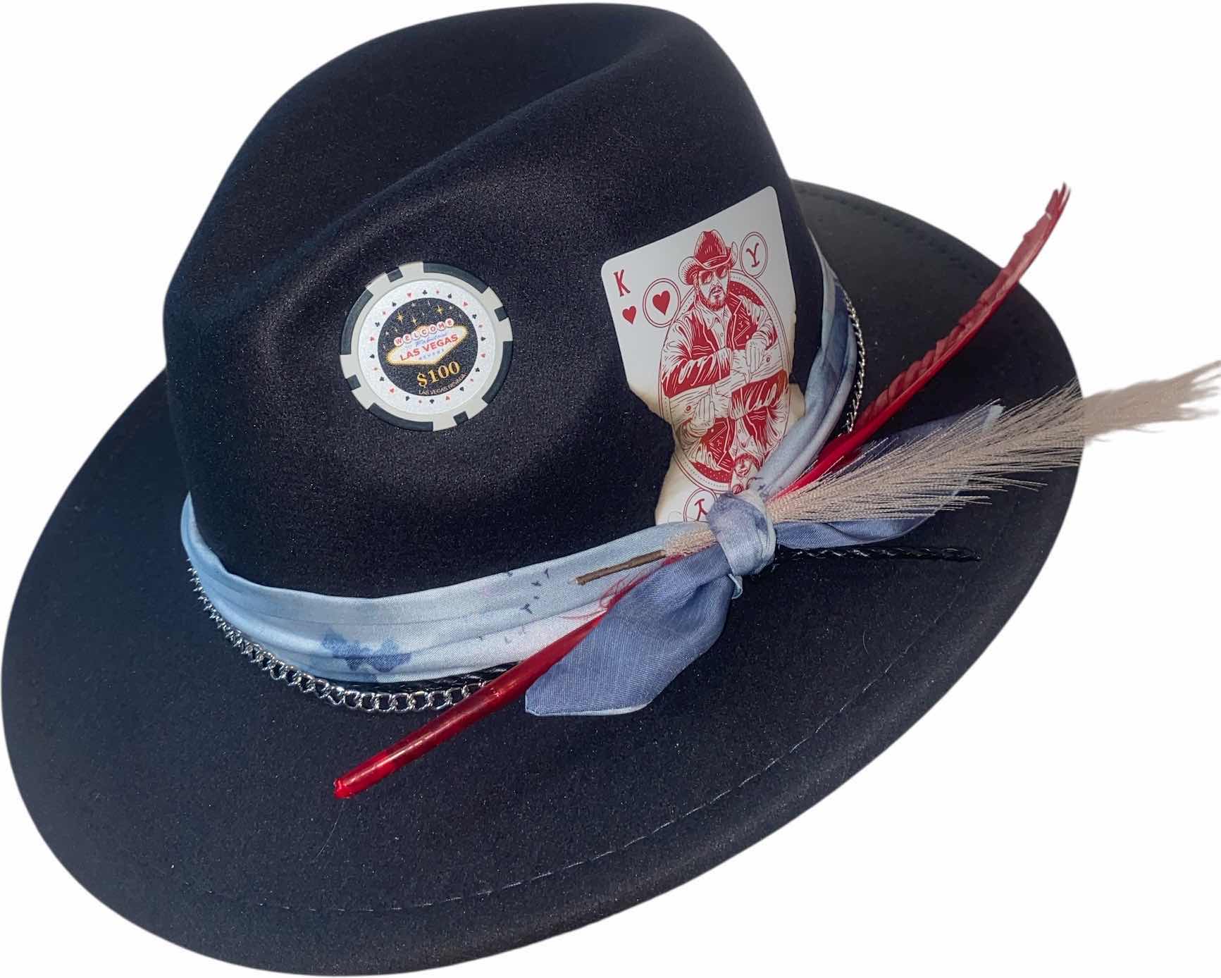 Photo 1 of NEW - CUSTOM DECORATED CHARCOAL BLACK CASINO THEME SMALL BRIM FEDORA HAT WITH REMOVABLE FEATHER - ADJUSTABLE WITH INTERIOR RIBBON - TIE TO FIT