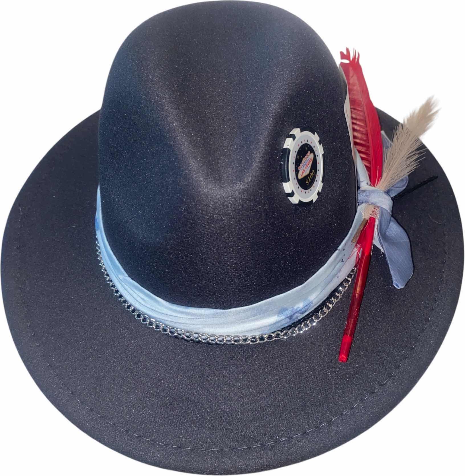Photo 1 of NEW - CUSTOM DECORATED CHARCOAL BLACK CASINO THEME SMALL BRIM FEDORA HAT WITH REMOVABLE FEATHER - ADJUSTABLE WITH INTERIOR RIBBON - TIE TO FIT