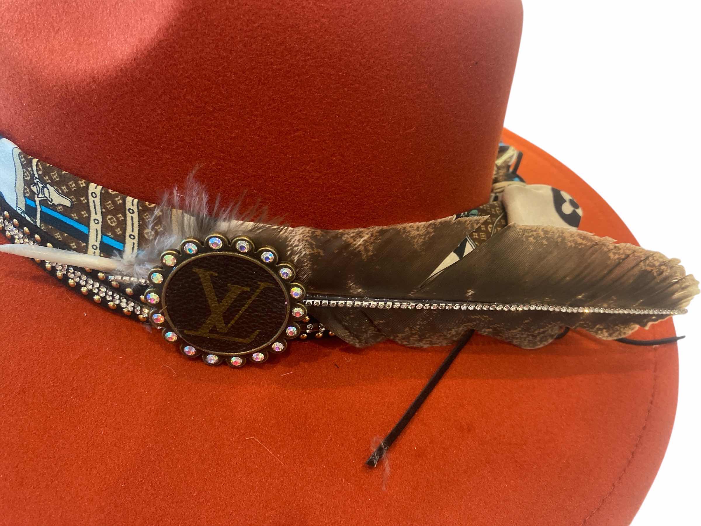 Photo 1 of NEW - CUSTOM DECORATED CARAMEL FEDORA HAT WITH UPCYCLED LOUIS VUITTON MONOGRAM EMBELLISHMENTS FEATHERS  - ADJUSTABLE WITH INTERIOR RIBBON - TIE TO FIT