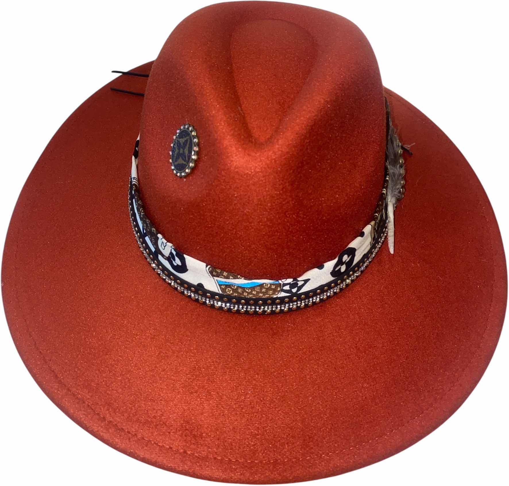 Photo 1 of NEW - CUSTOM DECORATED CARAMEL FEDORA HAT WITH UPCYCLED LOUIS VUITTON MONOGRAM EMBELLISHMENTS FEATHERS  - ADJUSTABLE WITH INTERIOR RIBBON - TIE TO FIT