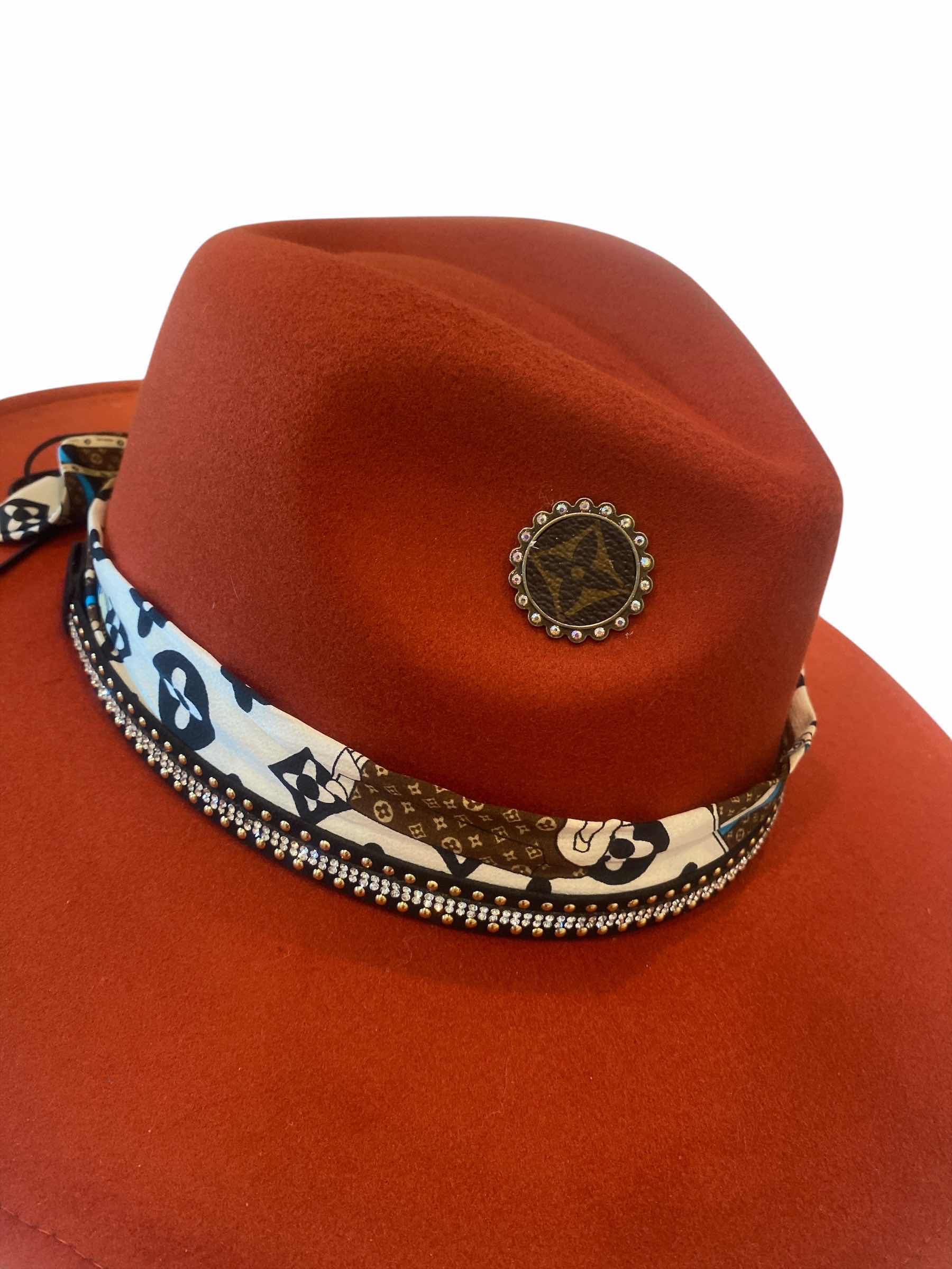 Photo 1 of NEW - CUSTOM DECORATED CARAMEL FEDORA HAT WITH UPCYCLED LOUIS VUITTON MONOGRAM EMBELLISHMENTS FEATHERS  - ADJUSTABLE WITH INTERIOR RIBBON - TIE TO FIT