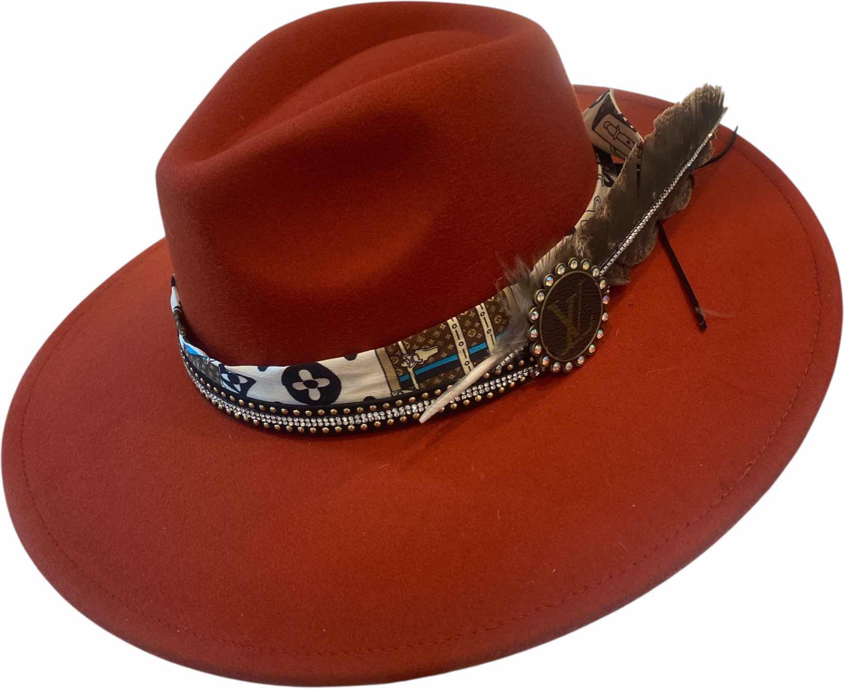 Photo 1 of NEW - CUSTOM DECORATED CARAMEL FEDORA HAT WITH UPCYCLED LOUIS VUITTON MONOGRAM EMBELLISHMENTS FEATHERS  - ADJUSTABLE WITH INTERIOR RIBBON - TIE TO FIT
