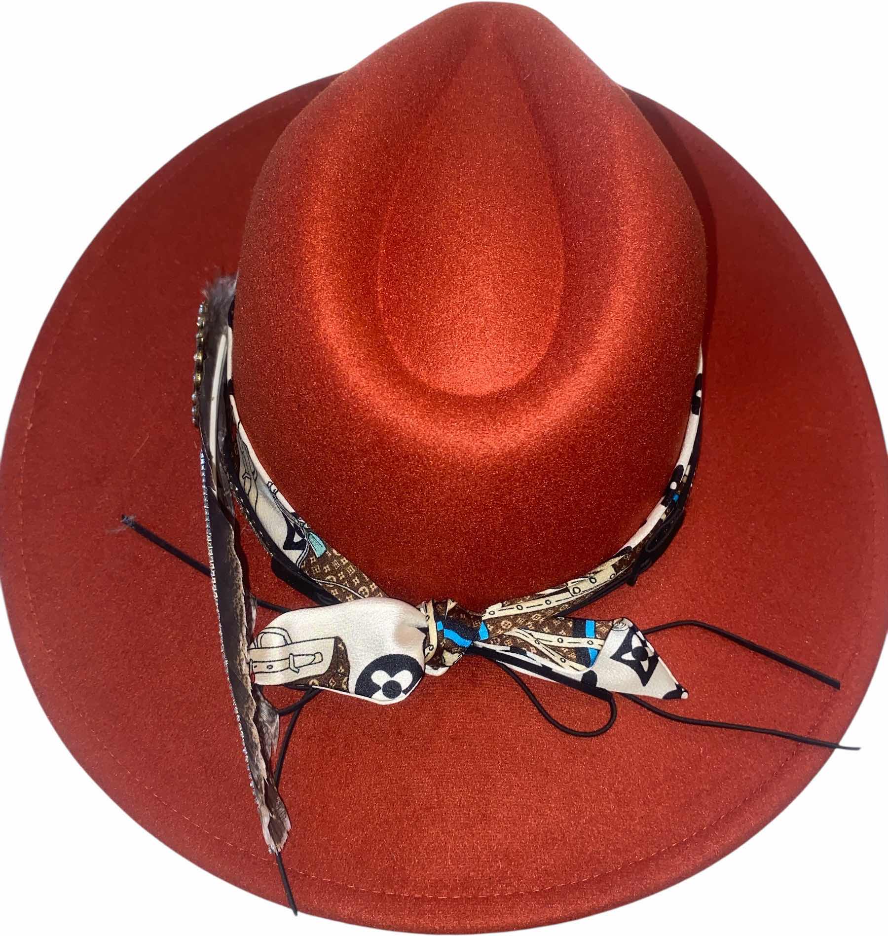 Photo 1 of NEW - CUSTOM DECORATED CARAMEL FEDORA HAT WITH UPCYCLED LOUIS VUITTON MONOGRAM EMBELLISHMENTS FEATHERS  - ADJUSTABLE WITH INTERIOR RIBBON - TIE TO FIT