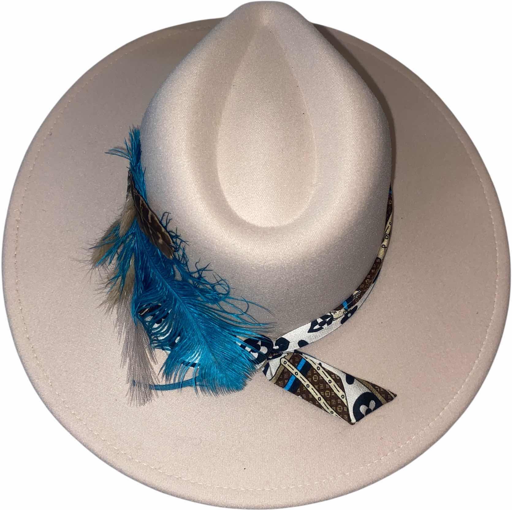 Photo 1 of NEW - CUSTOM DECORATED CREAM UPCYCLED LOUIS VUITTON MONOGRAM EMBELLISHMENTS  WESTERN HAT WITH FEATHERS  - ADJUSTABLE WITH INTERIOR RIBBON - TIE TO FIT
