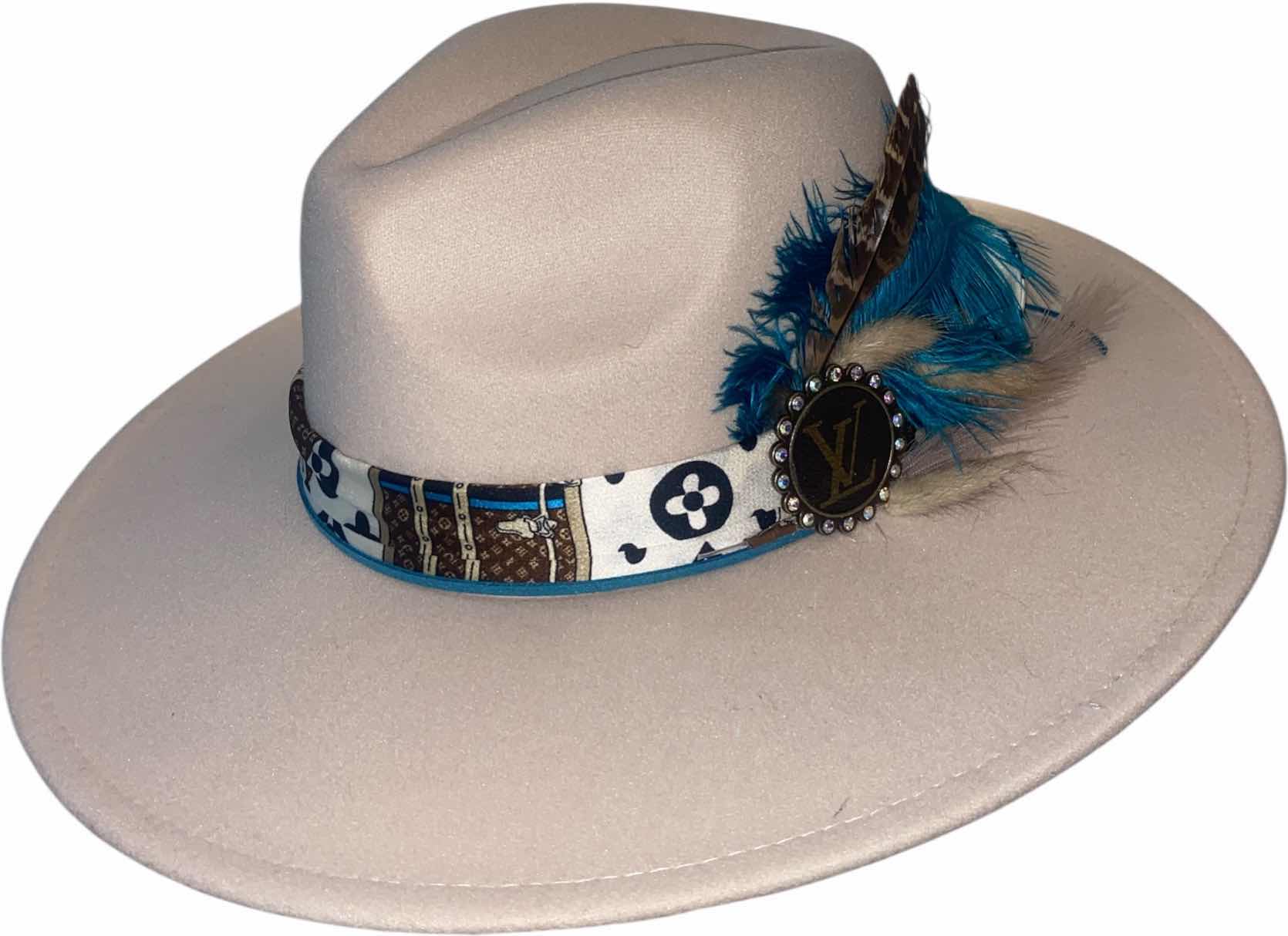 Photo 1 of NEW - CUSTOM DECORATED CREAM UPCYCLED LOUIS VUITTON MONOGRAM EMBELLISHMENTS  WESTERN HAT WITH FEATHERS  - ADJUSTABLE WITH INTERIOR RIBBON - TIE TO FIT